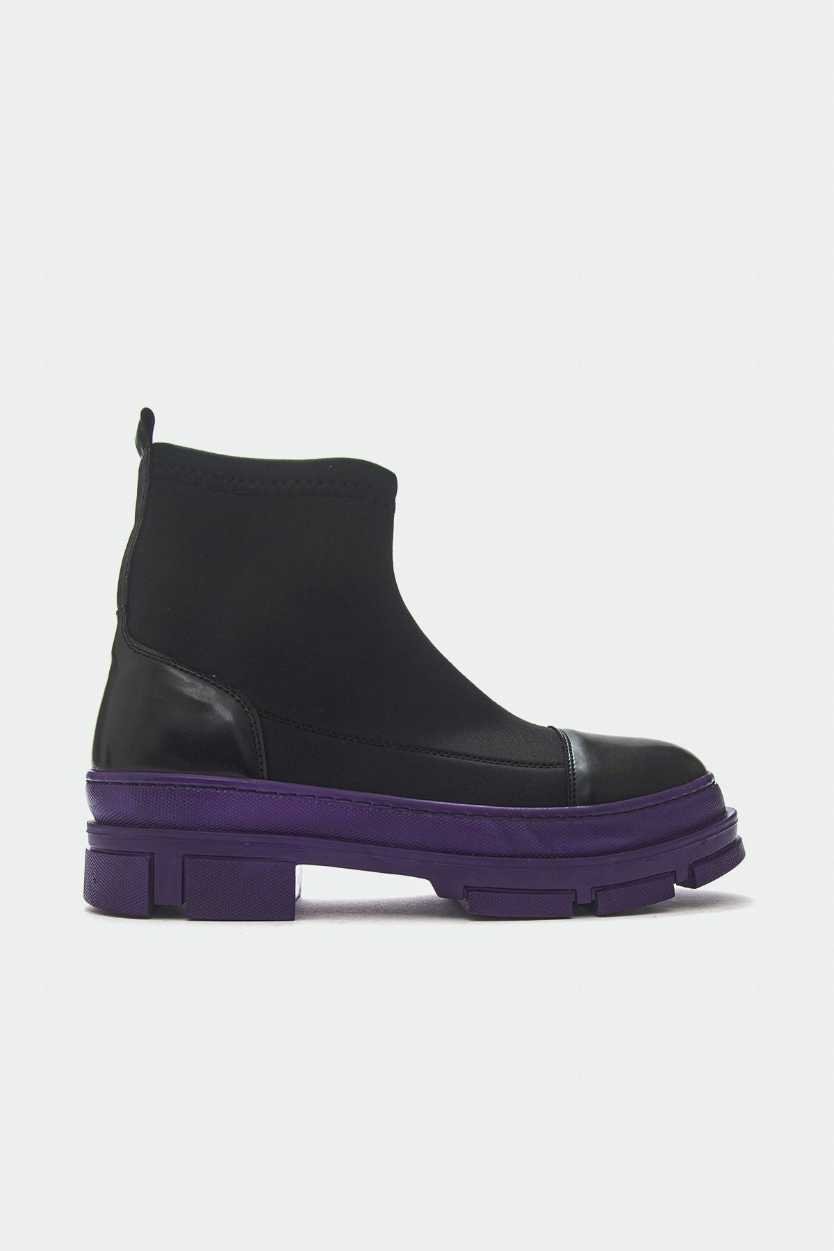 Bendis - Black/Purple Scuba Boot – top view showing leather, black, Vowalisse