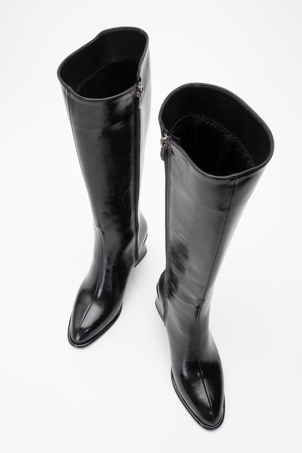 Paradis - Black Block Heel Knee-High Boot – side view showing leather, black, Vowalisse