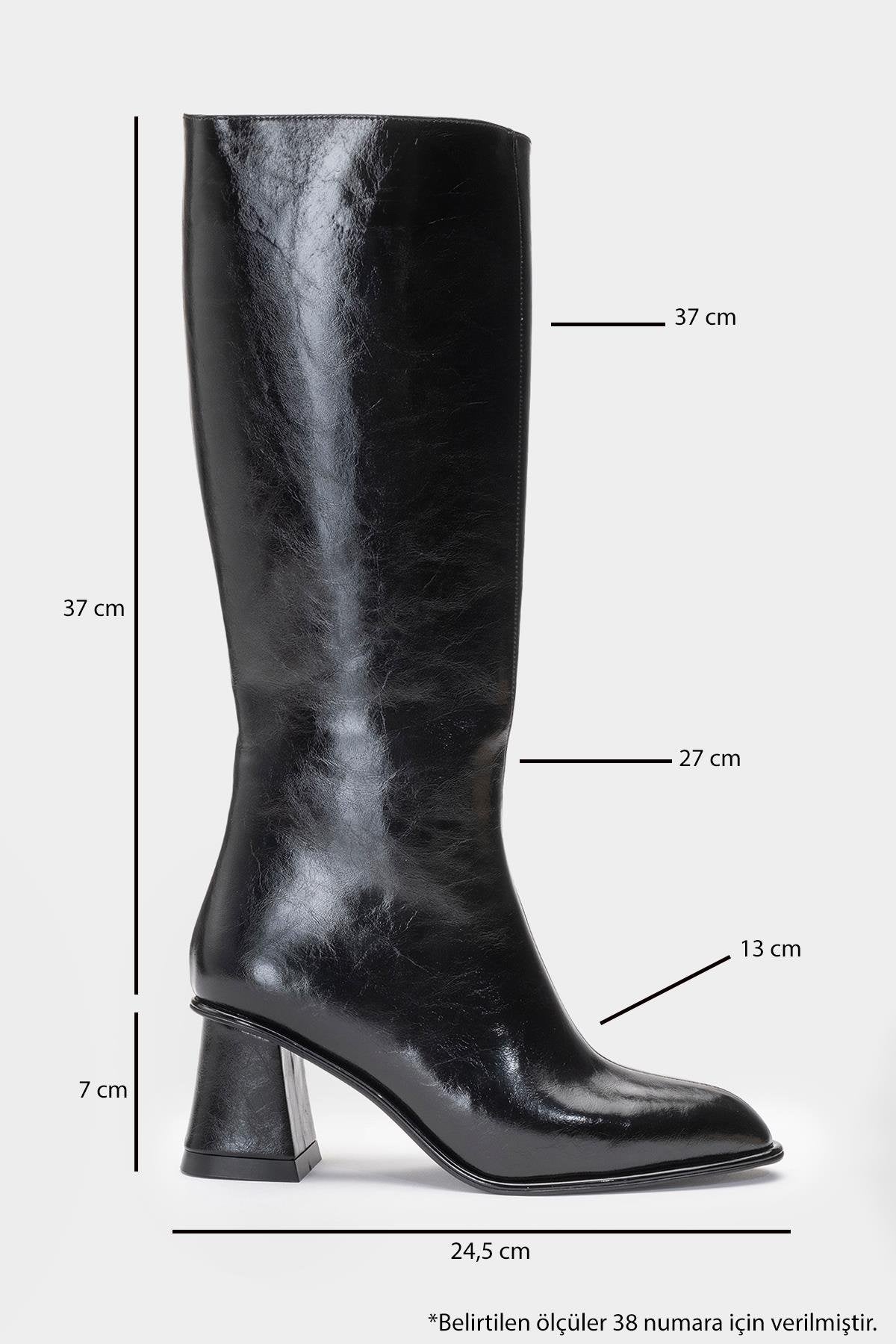 Paradis - Black Block Heel Knee-High Boot – heel view showing leather, black, Vowalisse