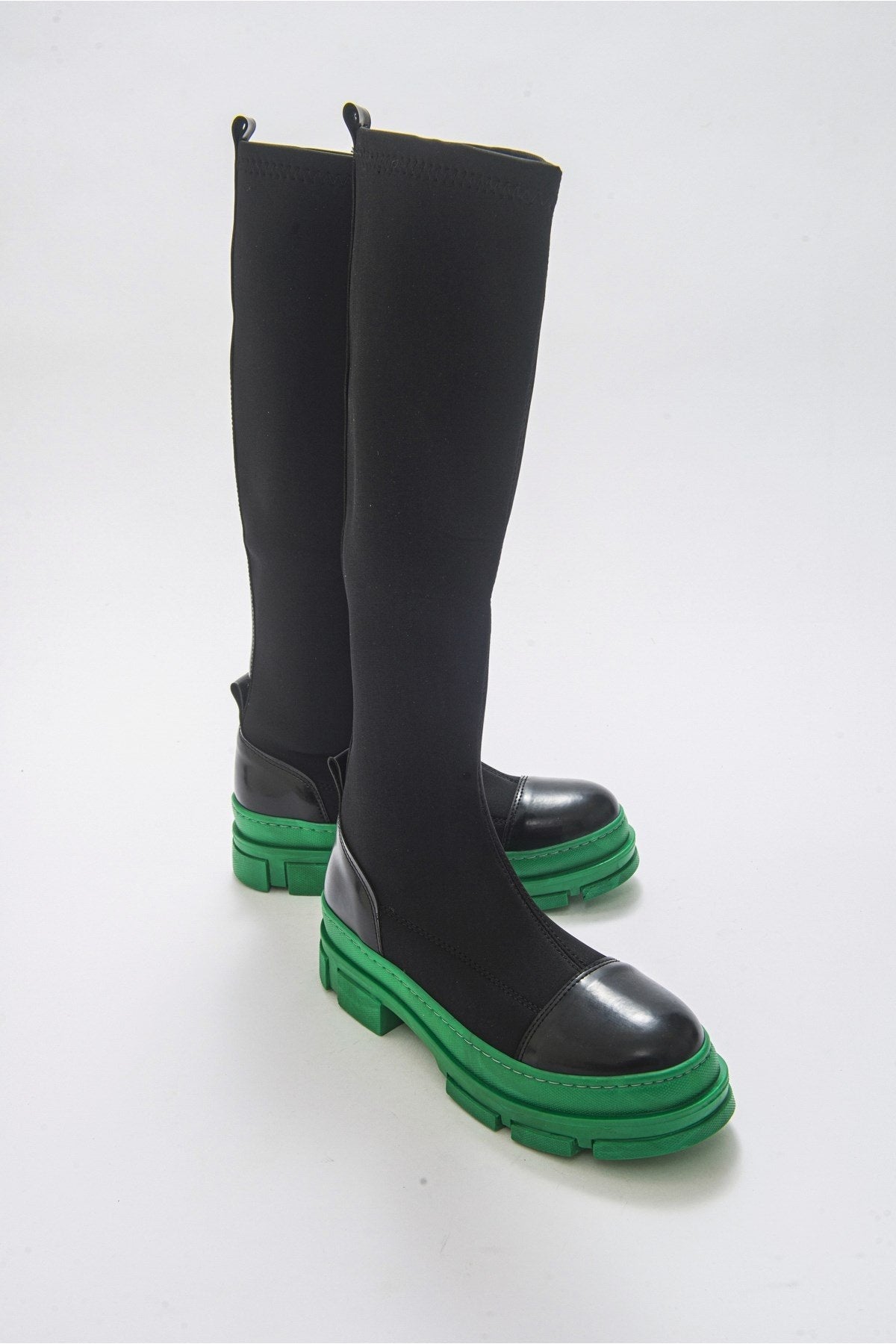 Bella Black & Green Scuba Boot – front three-quarter view showing leather, black, green, Vowalisse
