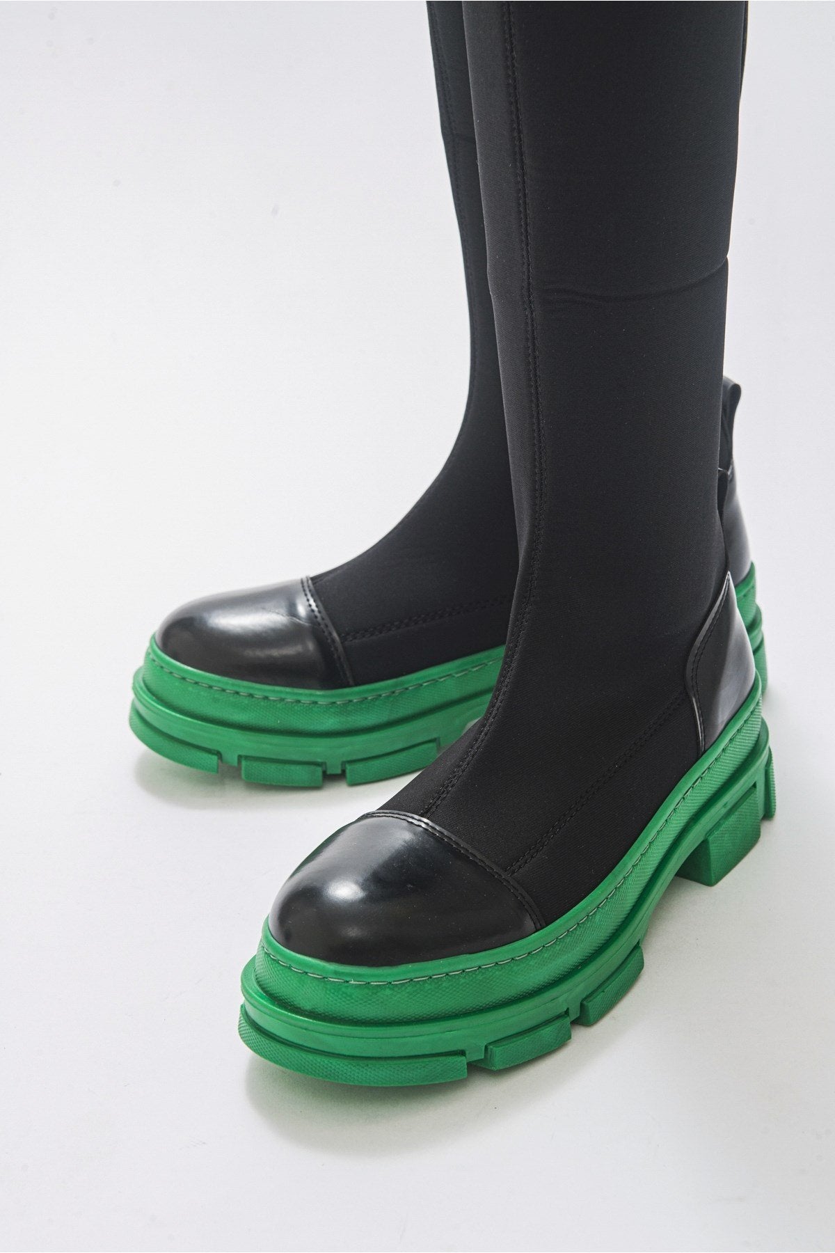 Bella Black & Green Scuba Boot – side view showing leather, black, green, Vowalisse