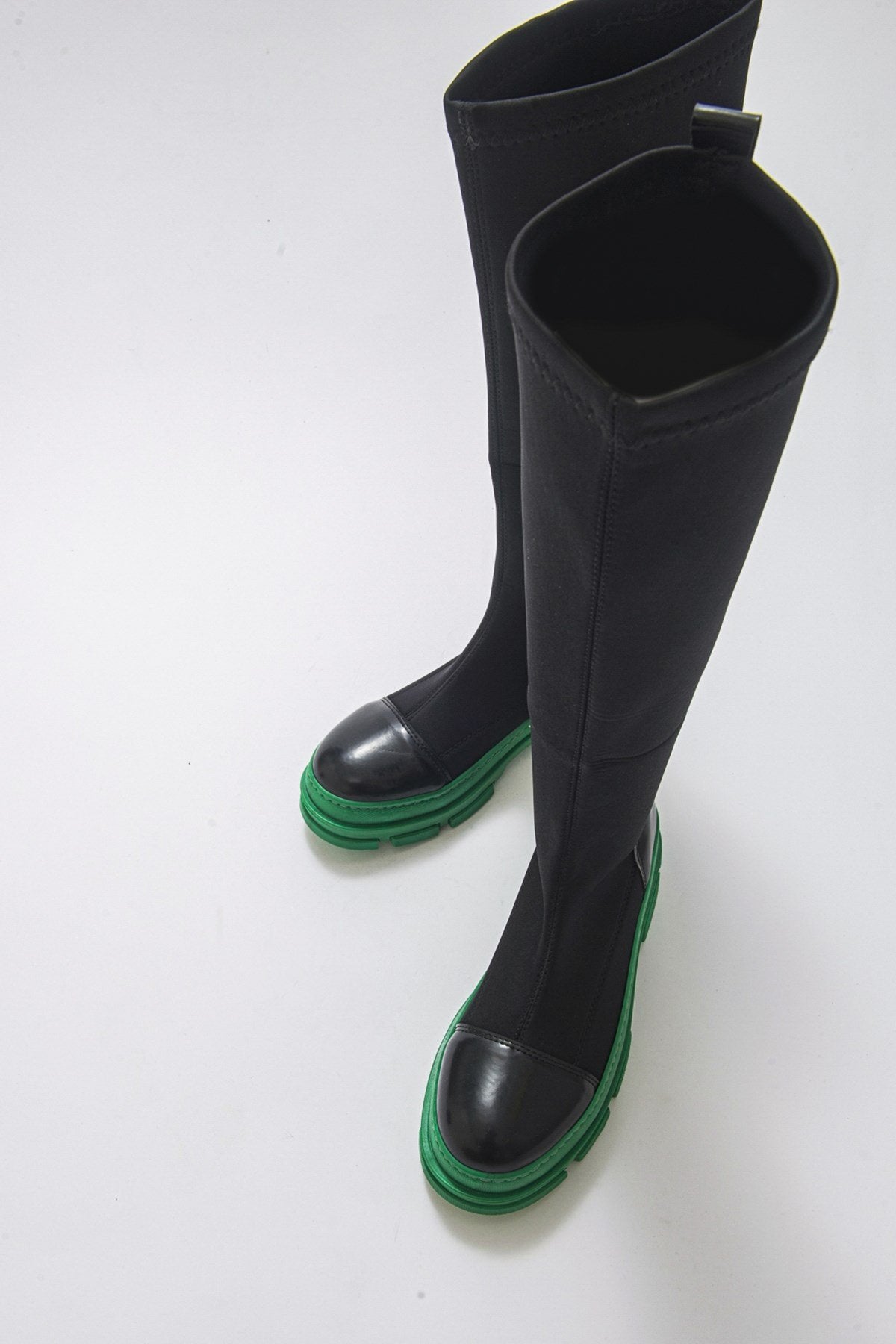 Bella Black & Green Scuba Boot – detail view showing leather, black, green, Vowalisse