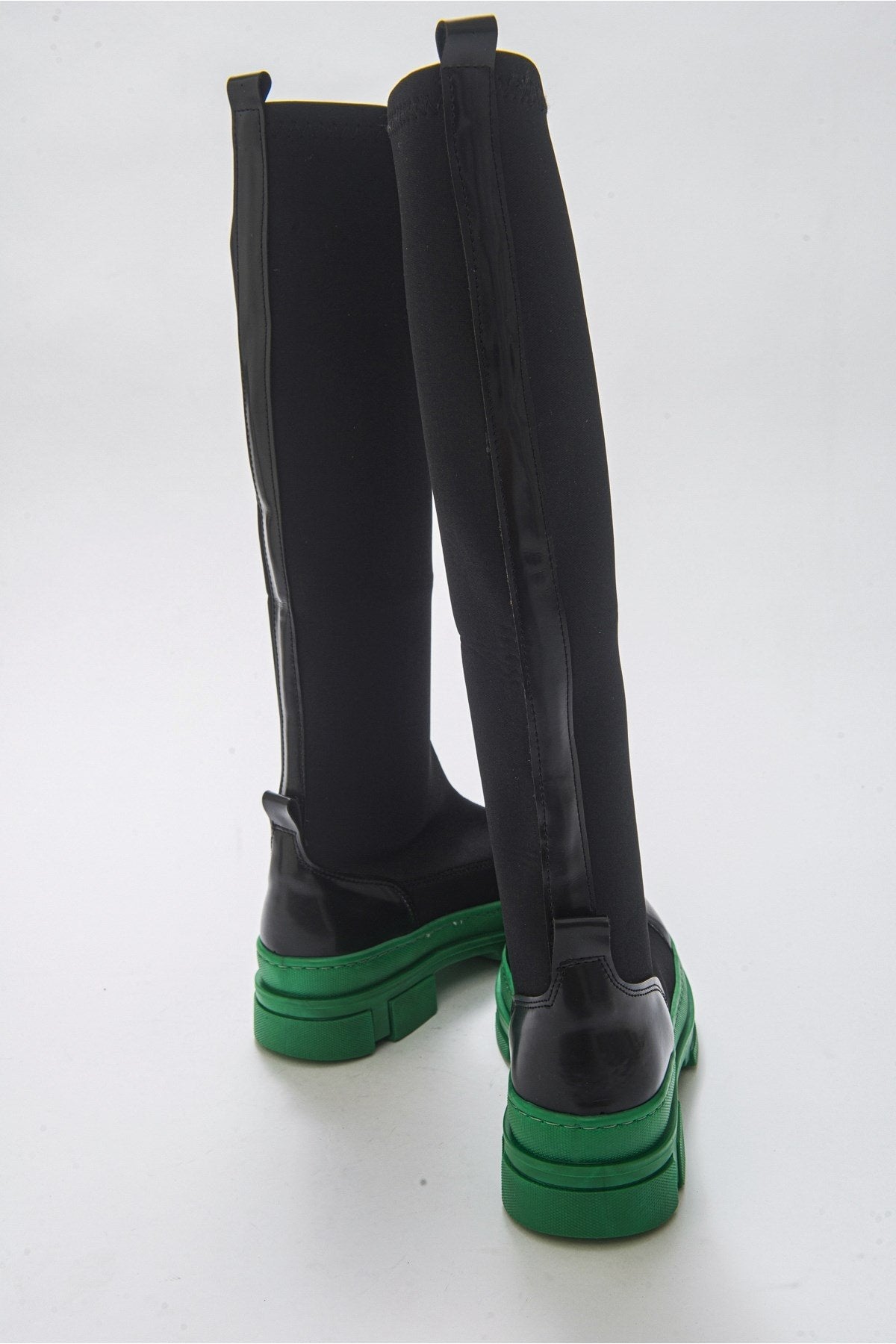 Bella Black & Green Scuba Boot – back view showing leather, black, green, Vowalisse
