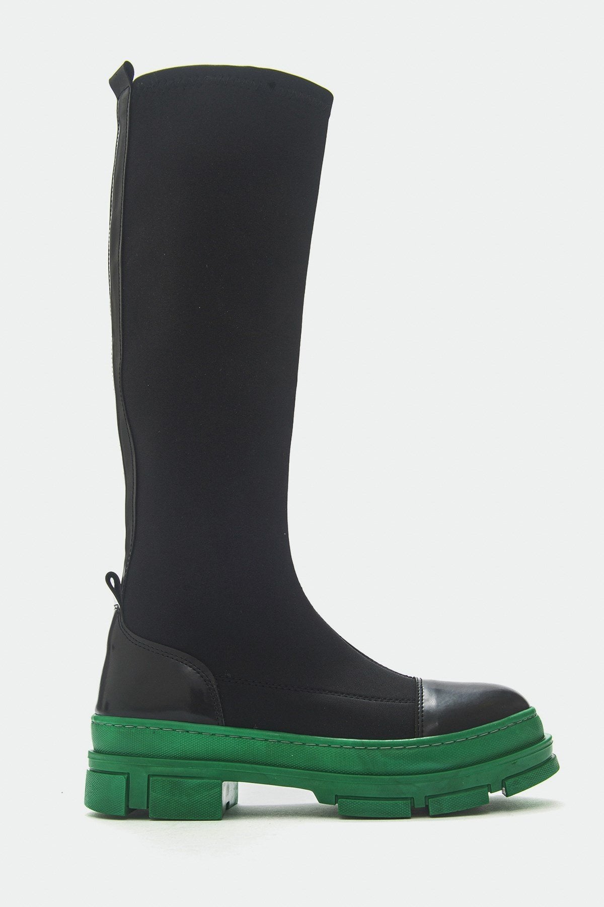 Bella Black & Green Scuba Boot – top view showing leather, black, green, Vowalisse