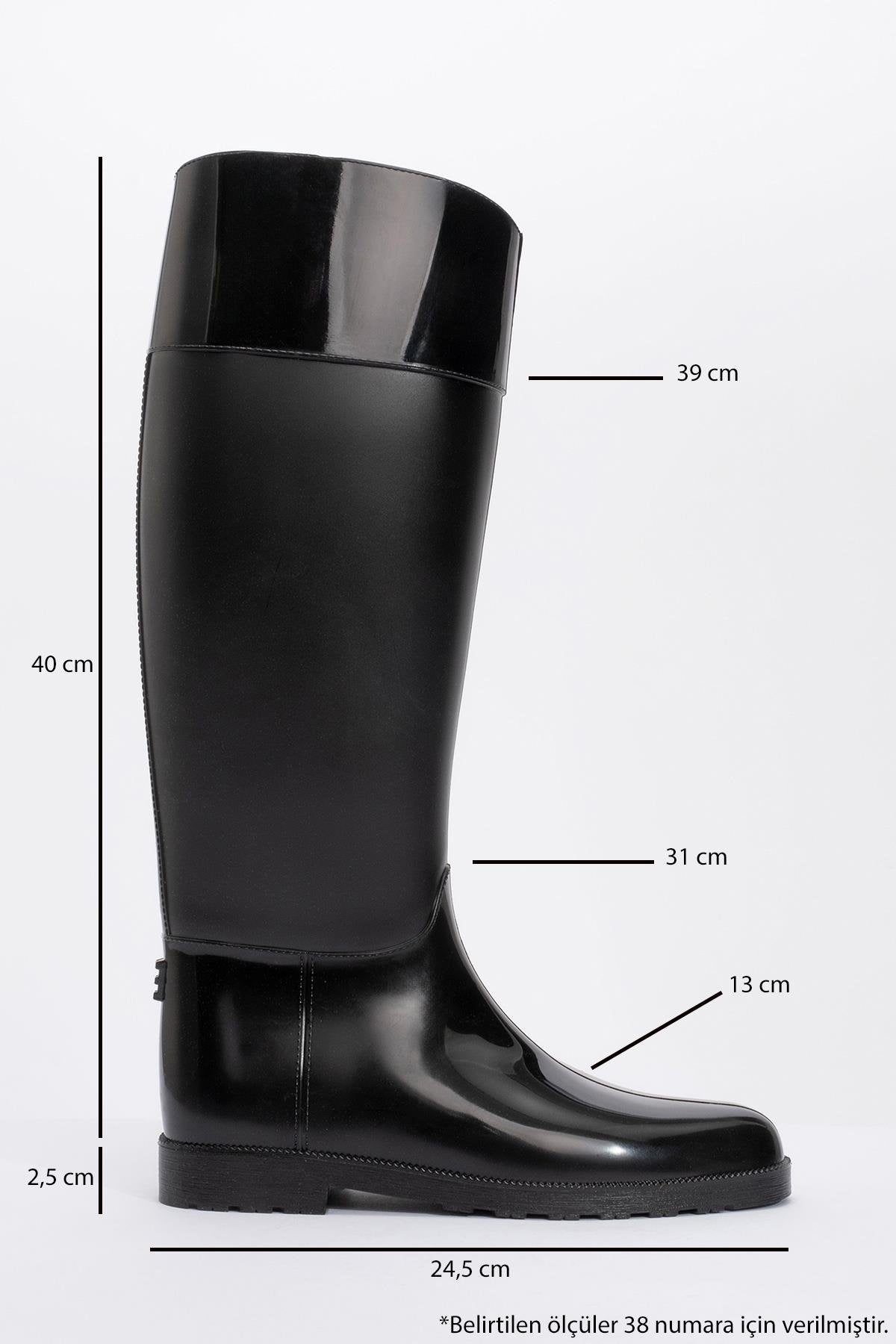 Marge - Black Rain Boot – heel view showing black, Vowalisse