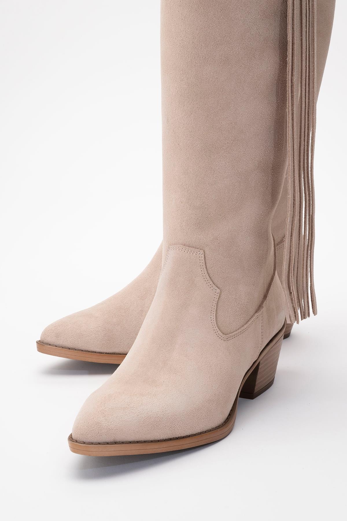 Rios - Beige Genuine Leather Suede Tassel Chunky Heel Boot – detail view showing leather, suede, red, Vowalisse
