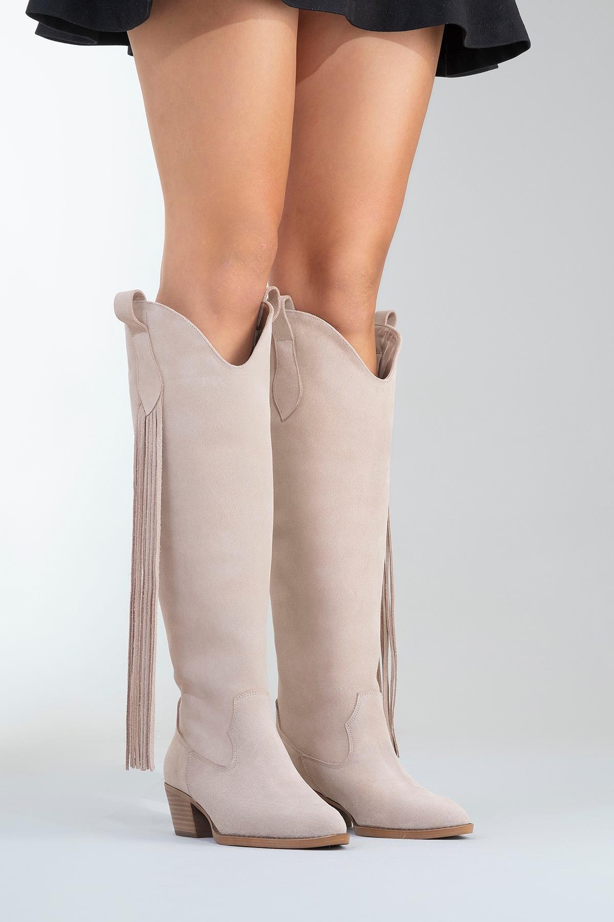 Rios - Beige Genuine Leather Suede Tassel Chunky Heel Boot – back view showing leather, suede, red, Vowalisse