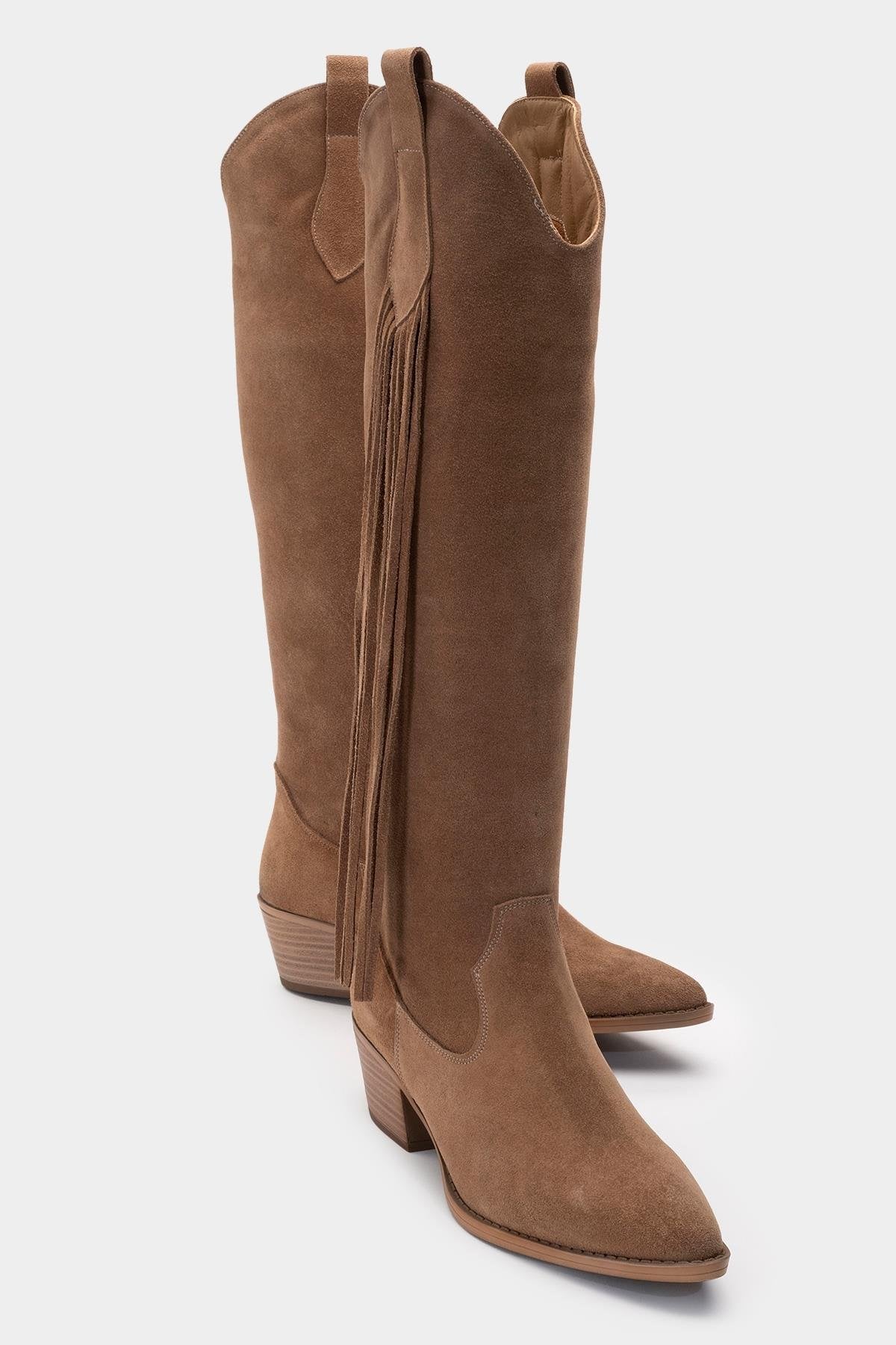 Rios - Taupe Genuine Leather Suede Block Heel Knee-High Boot – front three-quarter view showing leather, suede, red…