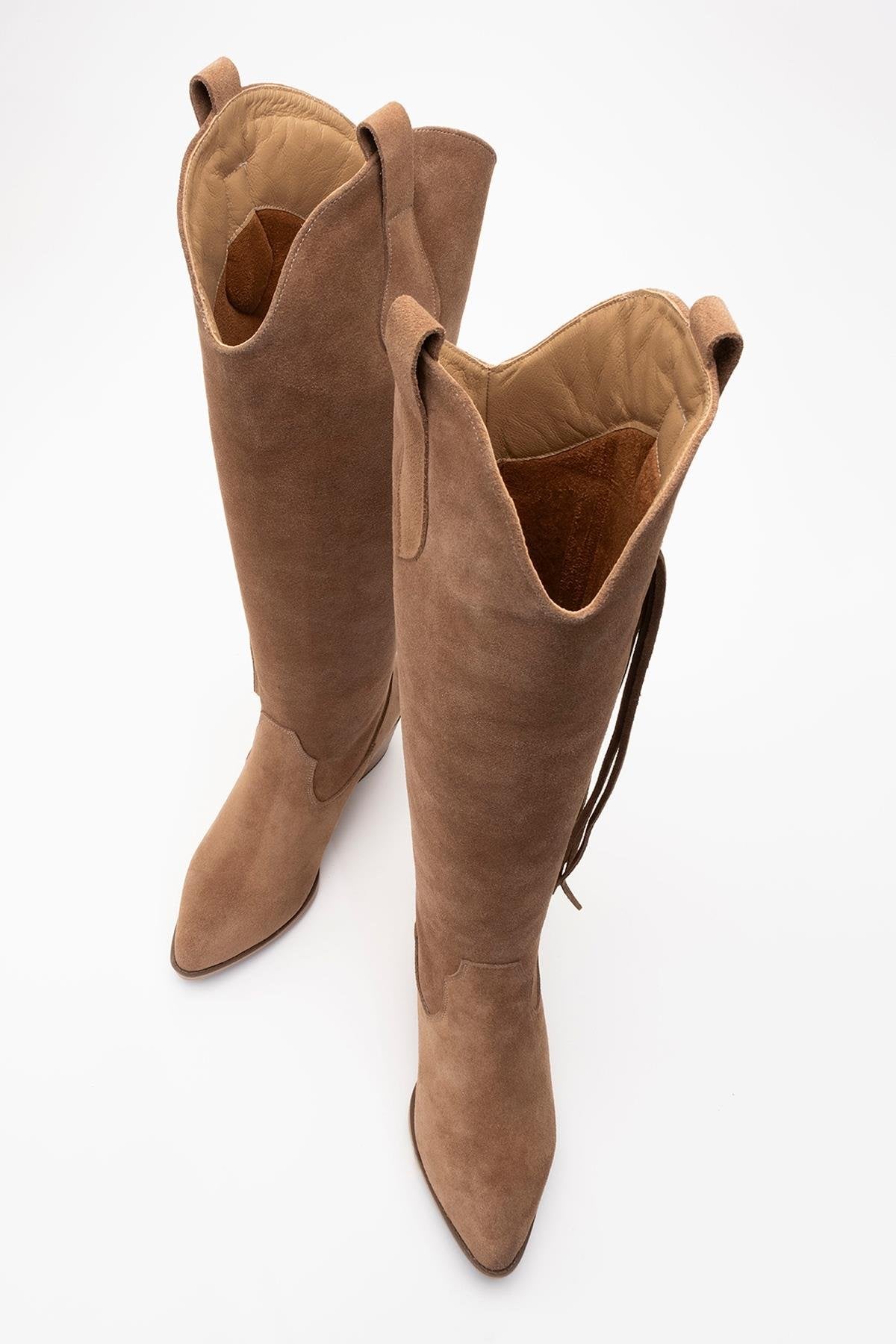 Rios - Taupe Genuine Leather Suede Block Heel Knee-High Boot – side view showing leather, suede, red, Vowalisse