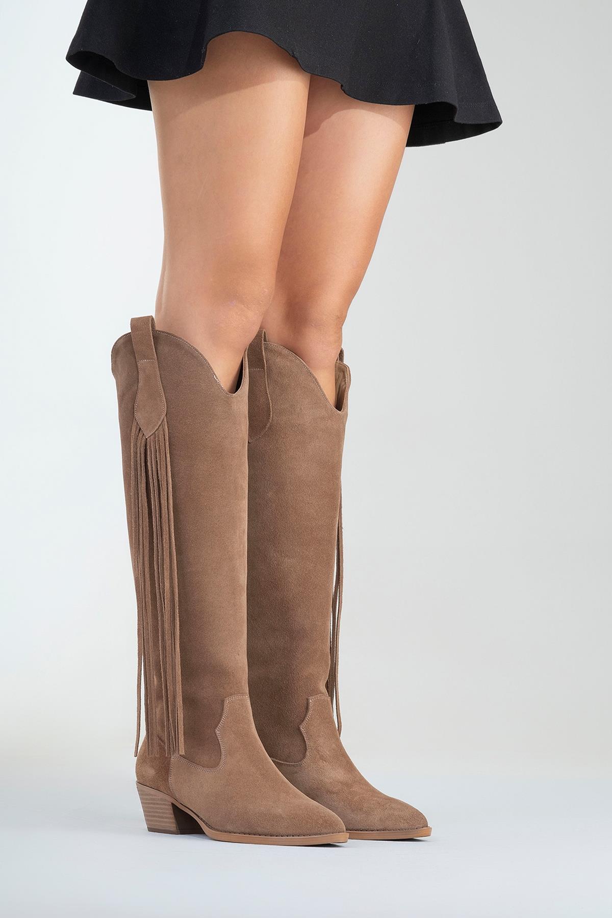 Rios - Taupe Genuine Leather Suede Block Heel Knee-High Boot – back view showing leather, suede, red, Vowalisse