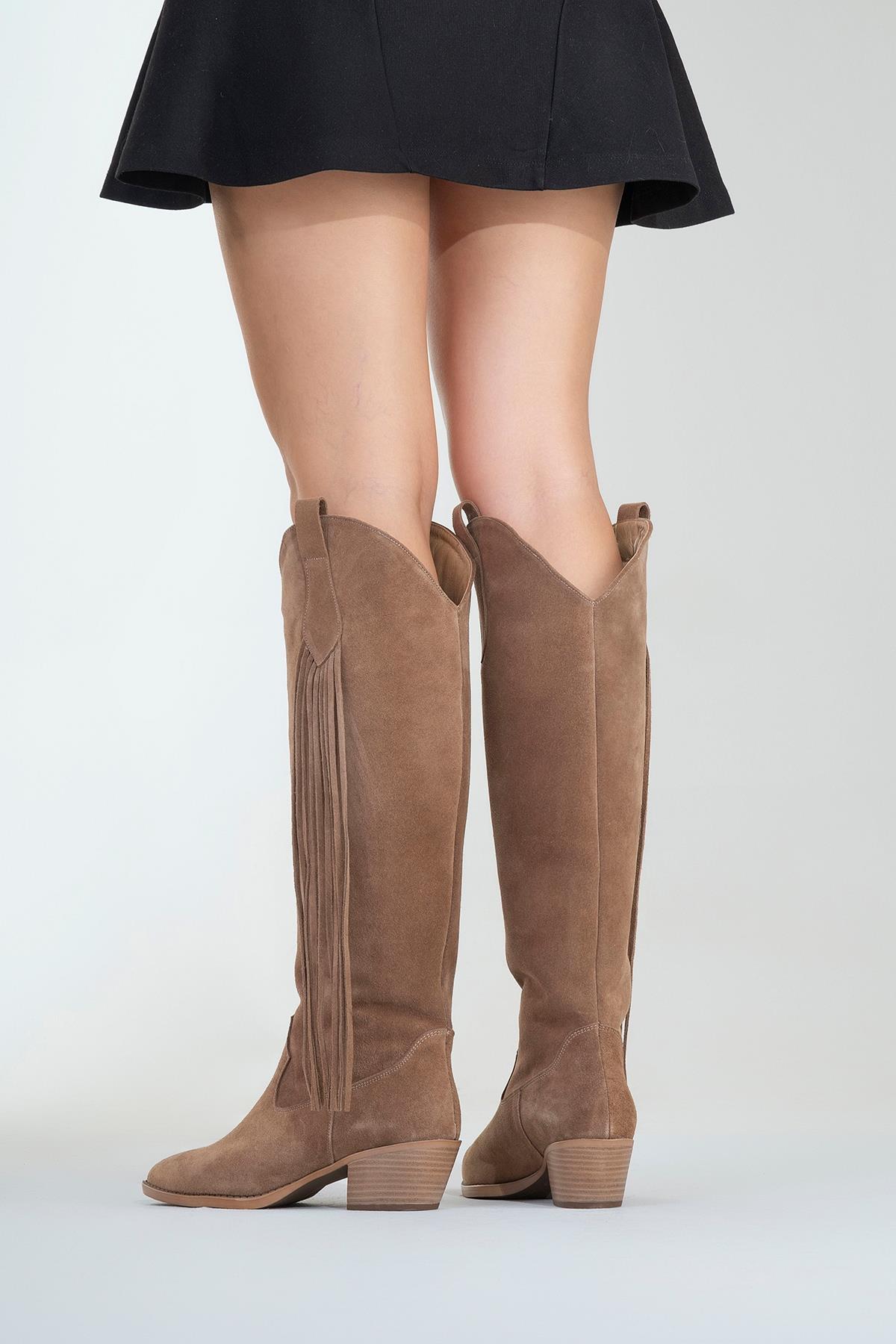 Rios - Taupe Genuine Leather Suede Block Heel Knee-High Boot – pair view showing leather, suede, red, Vowalisse