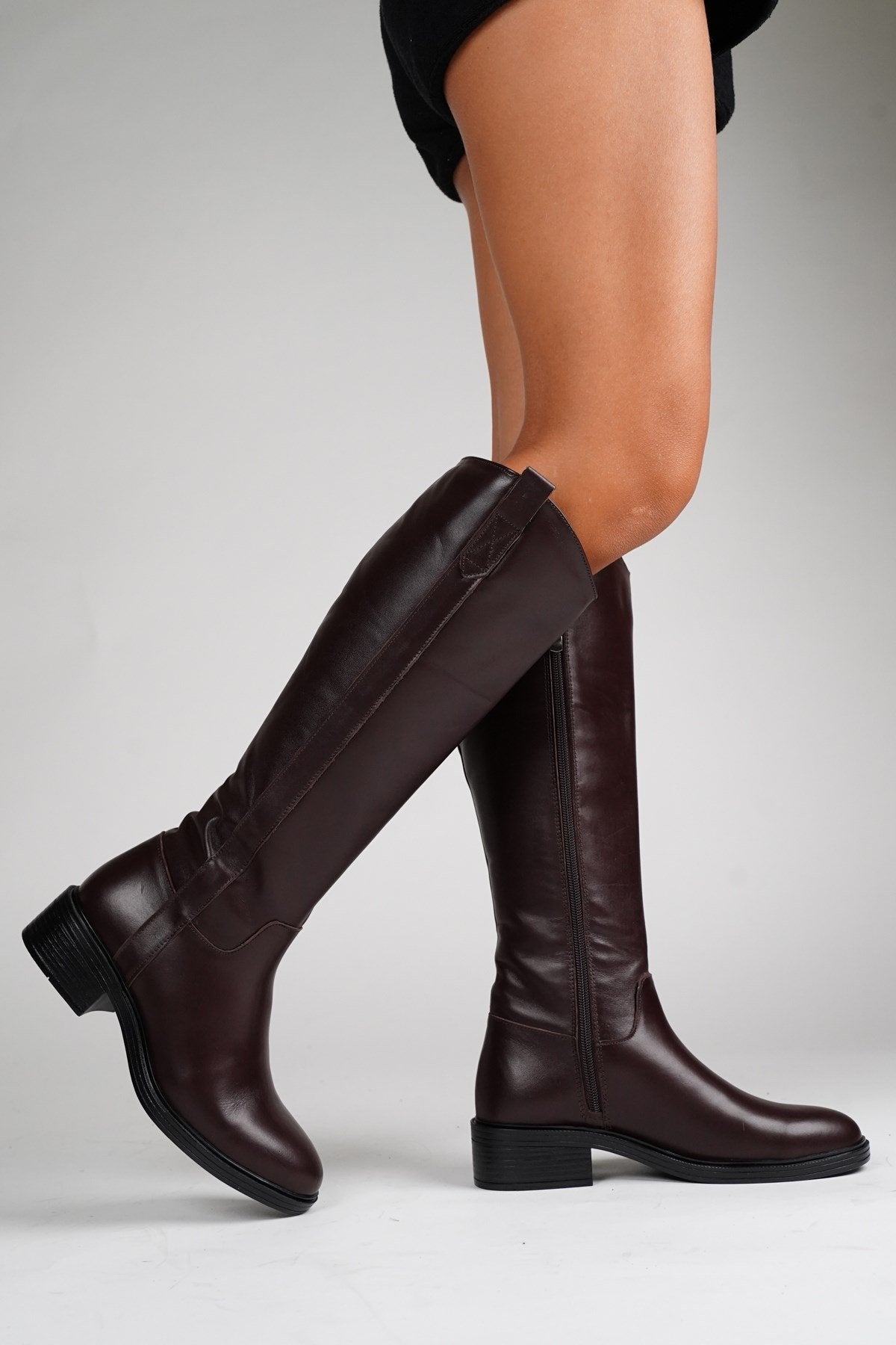 Acro Brown Leather Heeled Boot – side view showing leather, Vowalisse