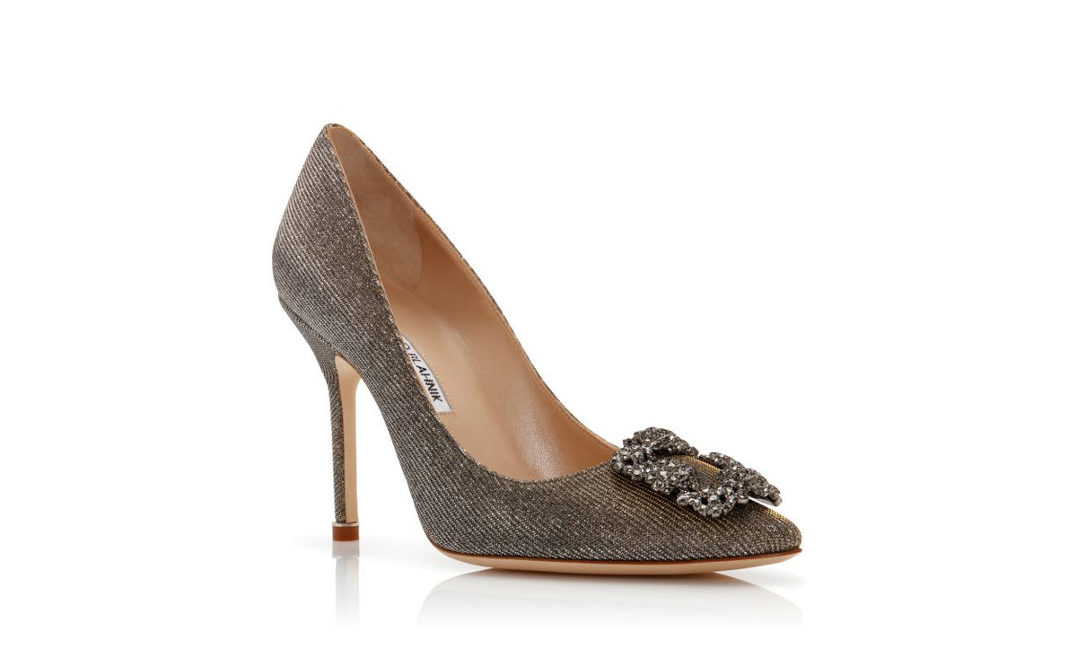 Isadora Crown Gold Jewel Buckle Pumps – top view showing gold jewel buckle, crystal buckle, almond toe, Vowalisse
