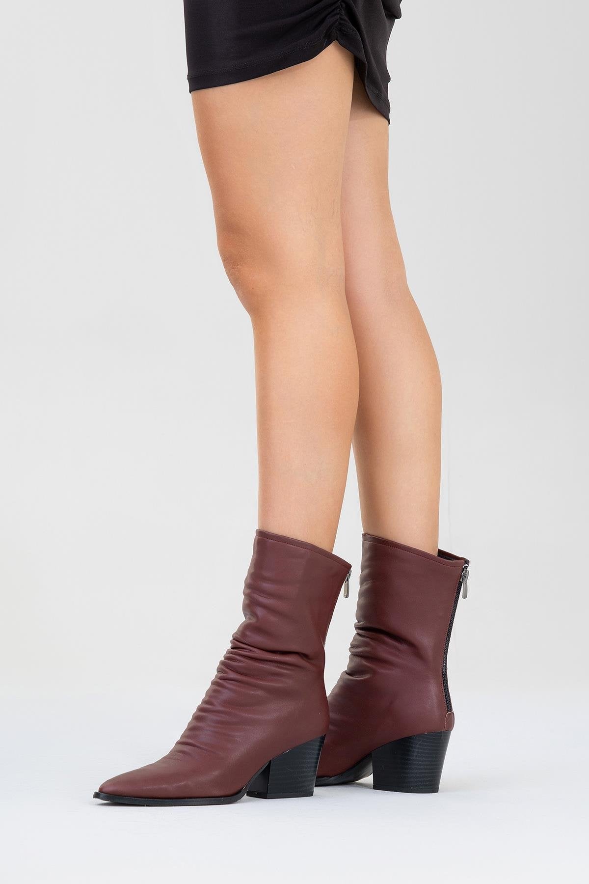 Laval - Burgundy Back-Zip Block Heel Boot – sole view showing leather, Vowalisse