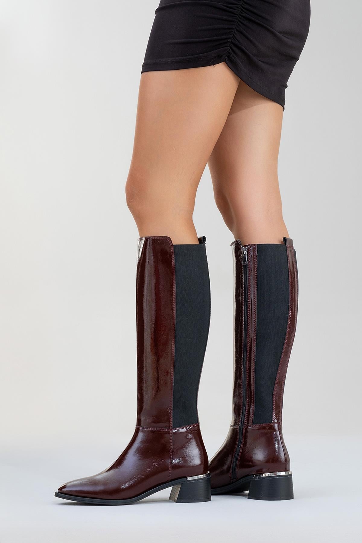 Rochos - Burgundy Patent Genuine Leather Block Heel Knee-High Boot – top view showing leather, Vowalisse