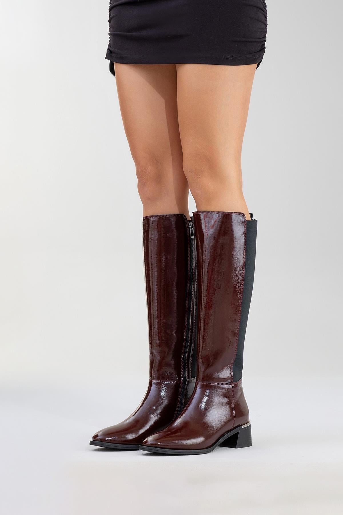 Rochos - Burgundy Patent Genuine Leather Block Heel Knee-High Boot – pair view showing leather, Vowalisse
