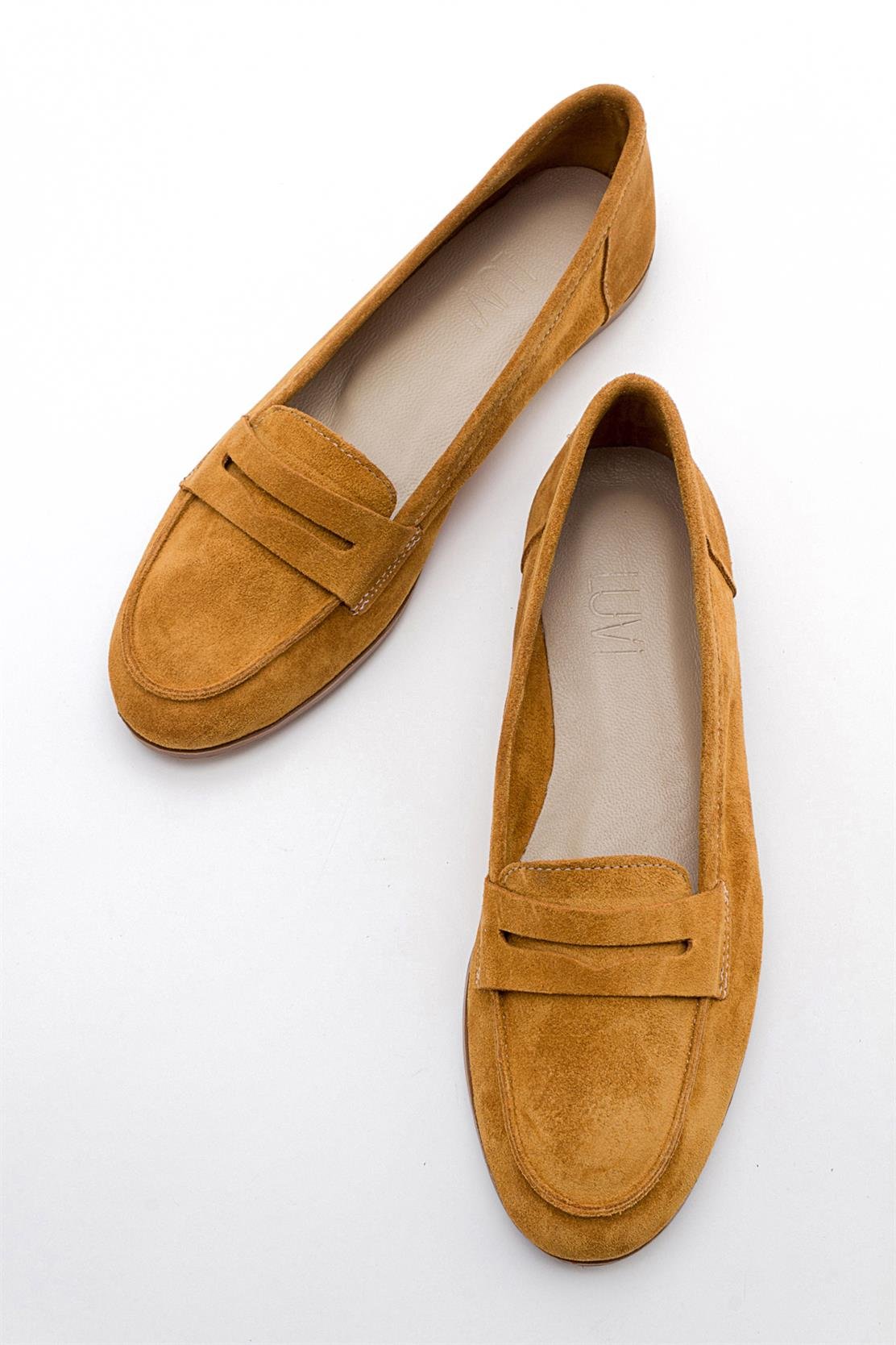 Dorothy - Mustard Suede Leather Loafers – heel view showing leather, suede, Vowalisse