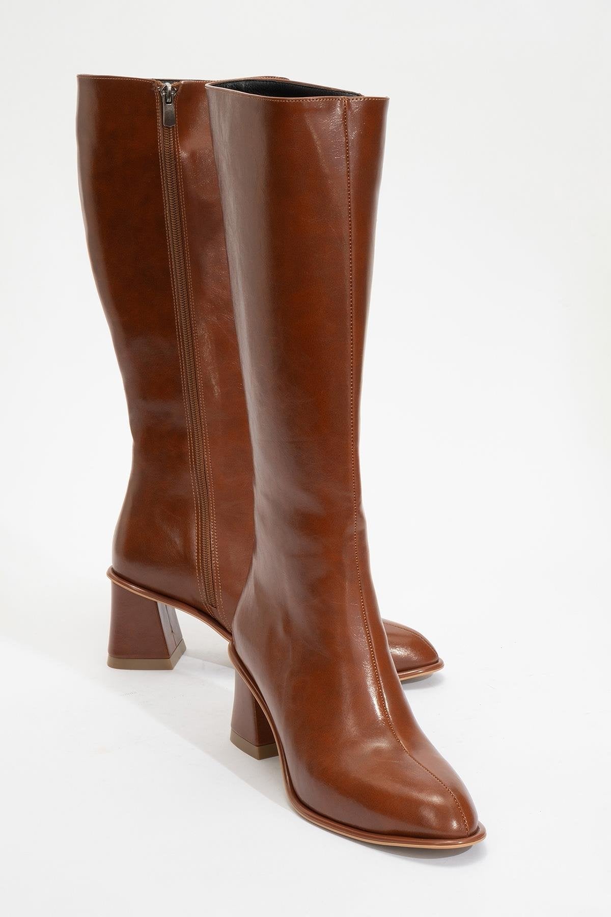 Paradis - Cognac Block Heel Knee-High Boot – front three-quarter view showing leather, Vowalisse