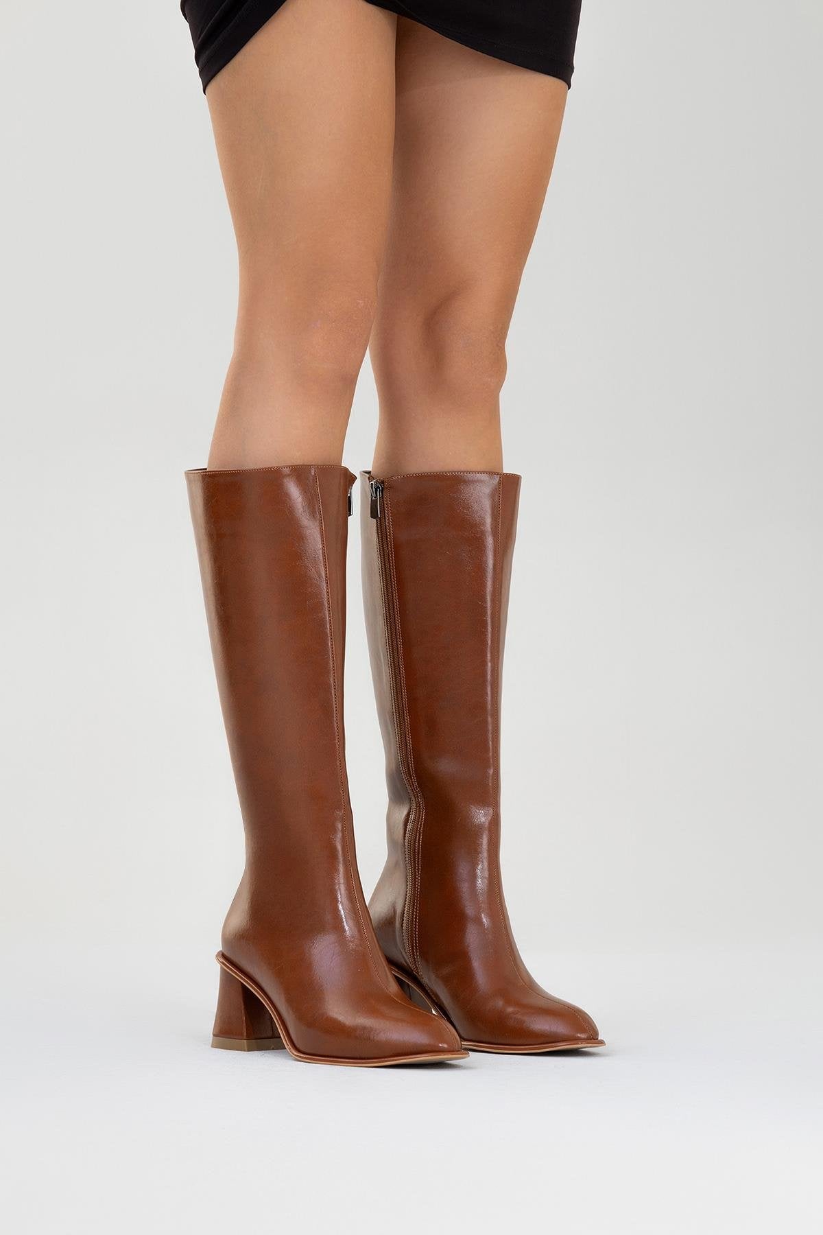 Paradis - Cognac Block Heel Knee-High Boot – top view showing leather, Vowalisse