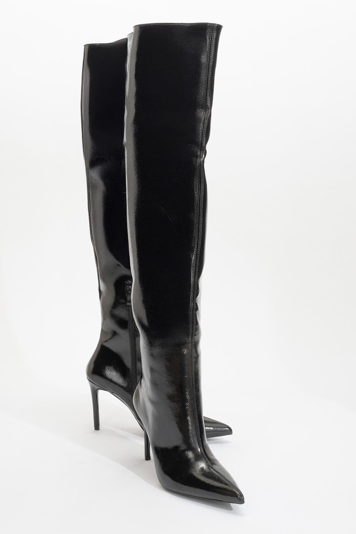 Cleja - Black Patent Slim Heel Over-The-Knee Boot – front three-quarter view showing leather, black, Vowalisse