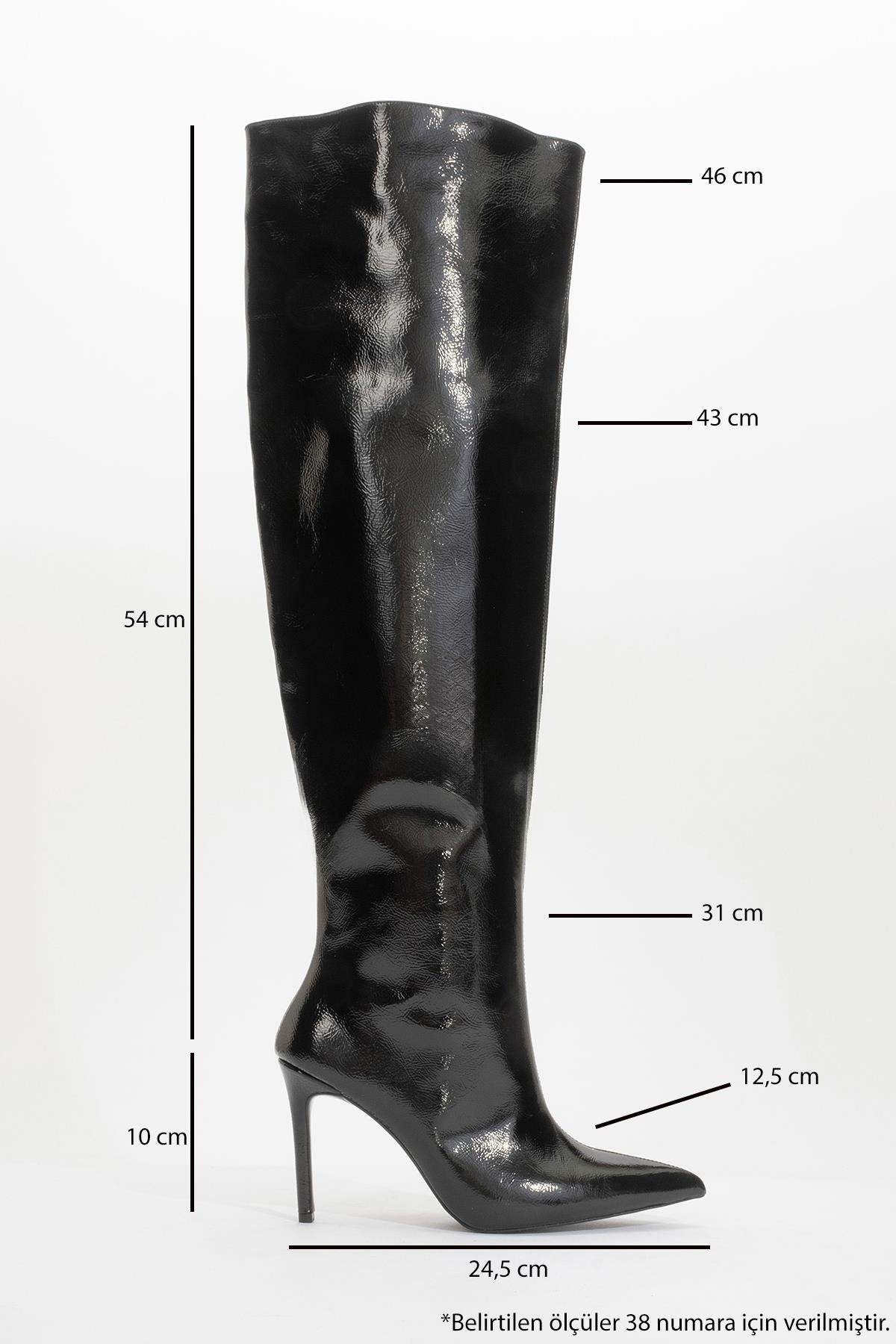 Cleja - Black Patent Slim Heel Over-The-Knee Boot – back view showing leather, black, Vowalisse