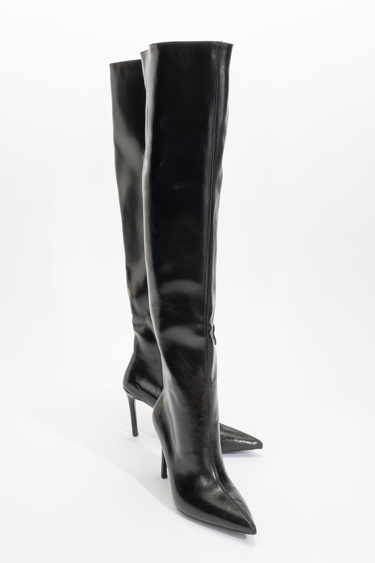 Cleja - Black Slim Heel Over-The-Knee Boot – front three-quarter view showing leather, black, Vowalisse