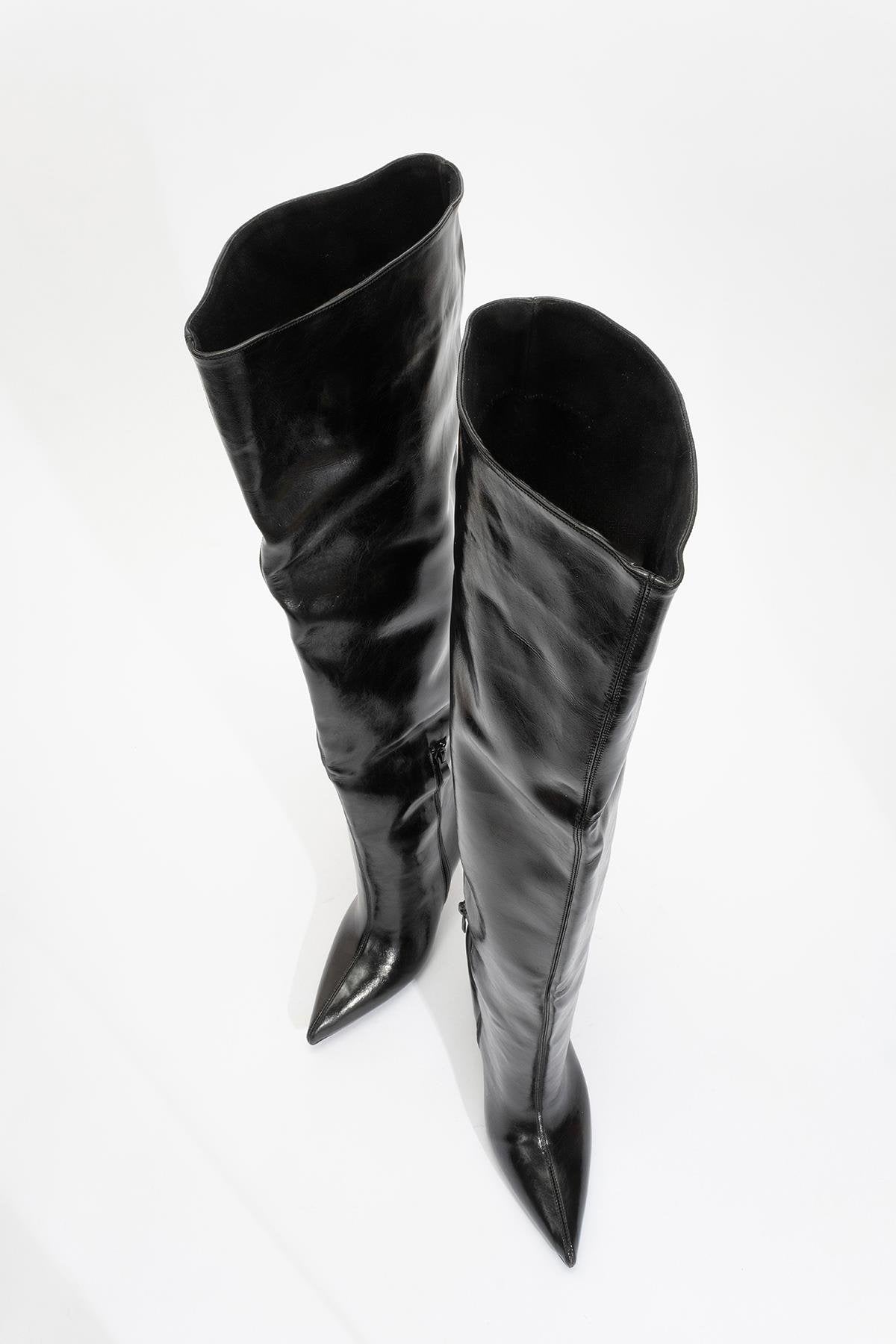 Cleja - Black Slim Heel Over-The-Knee Boot – detail view showing leather, black, Vowalisse