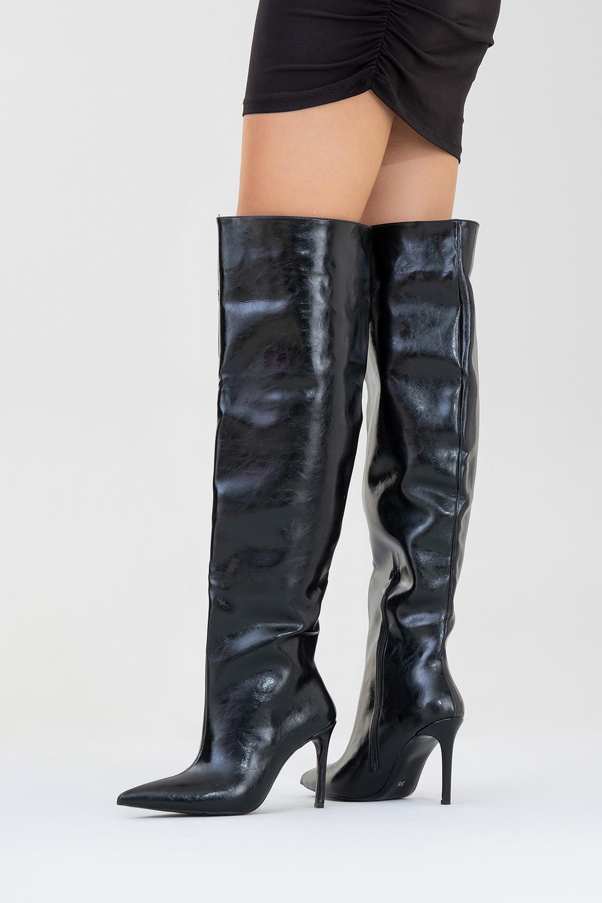 Cleja - Black Slim Heel Over-The-Knee Boot – pair view showing leather, black, Vowalisse