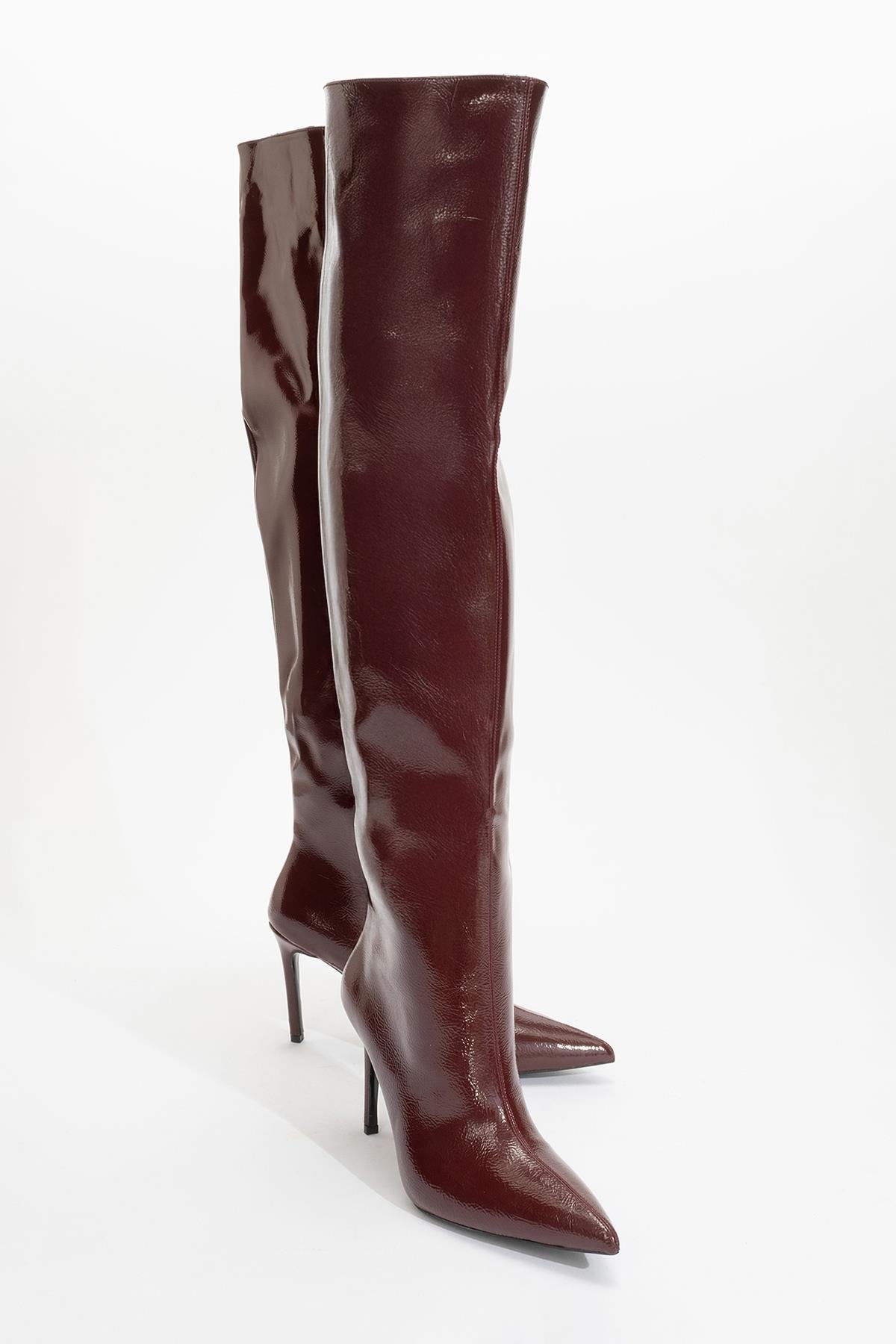 Cleja - Burgundy Patent Stiletto Heel Over-The-Knee Boot – front three-quarter view showing leather, Vowalisse