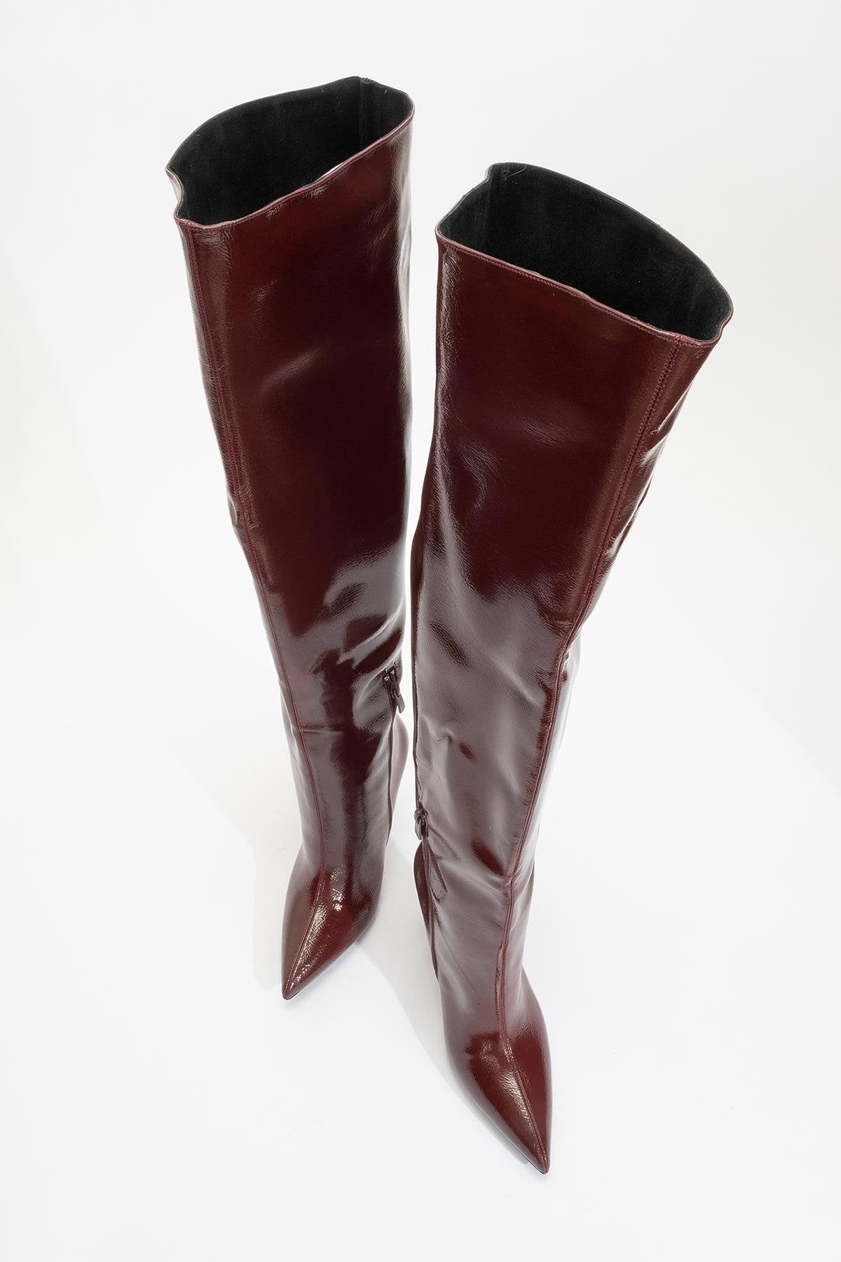 Cleja - Burgundy Patent Stiletto Heel Over-The-Knee Boot – detail view showing leather, Vowalisse
