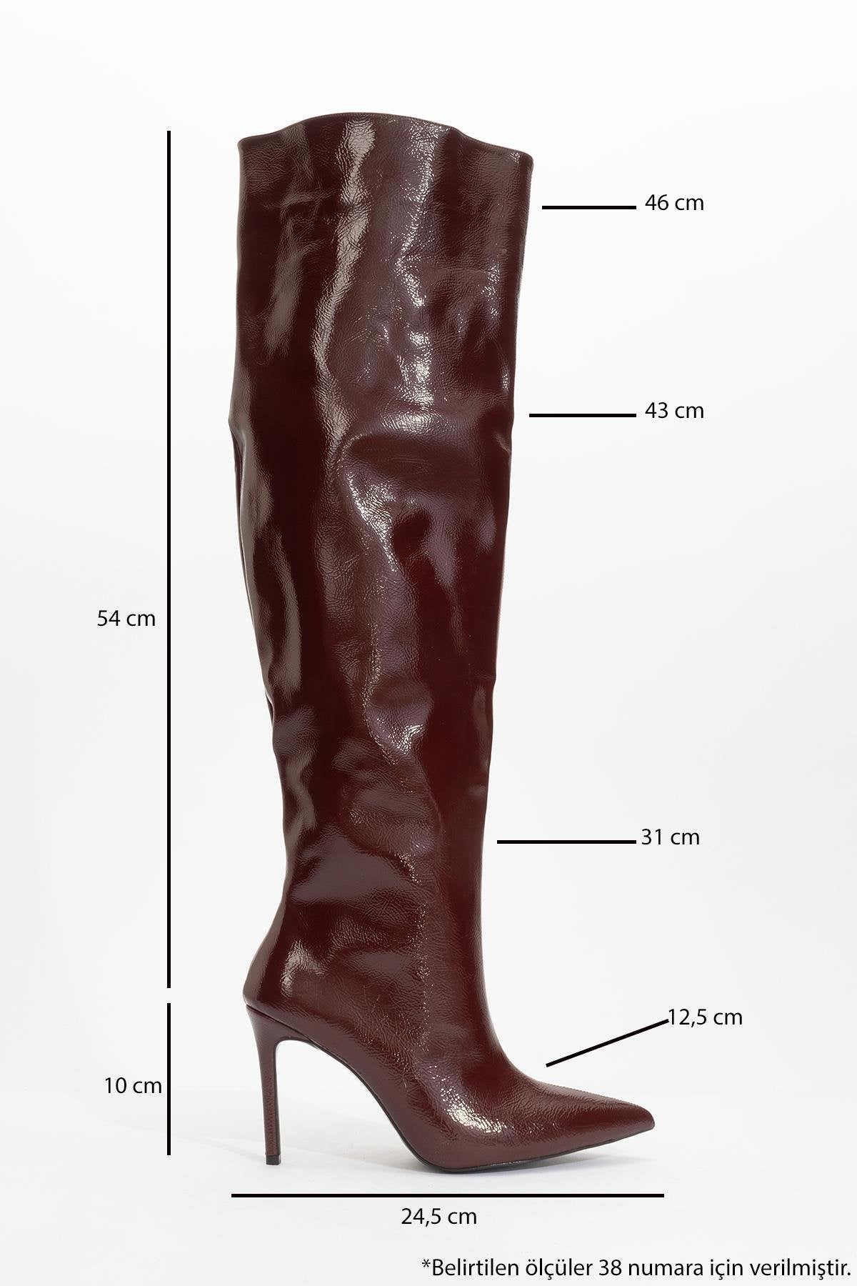 Cleja - Burgundy Patent Stiletto Heel Over-The-Knee Boot – back view showing leather, Vowalisse