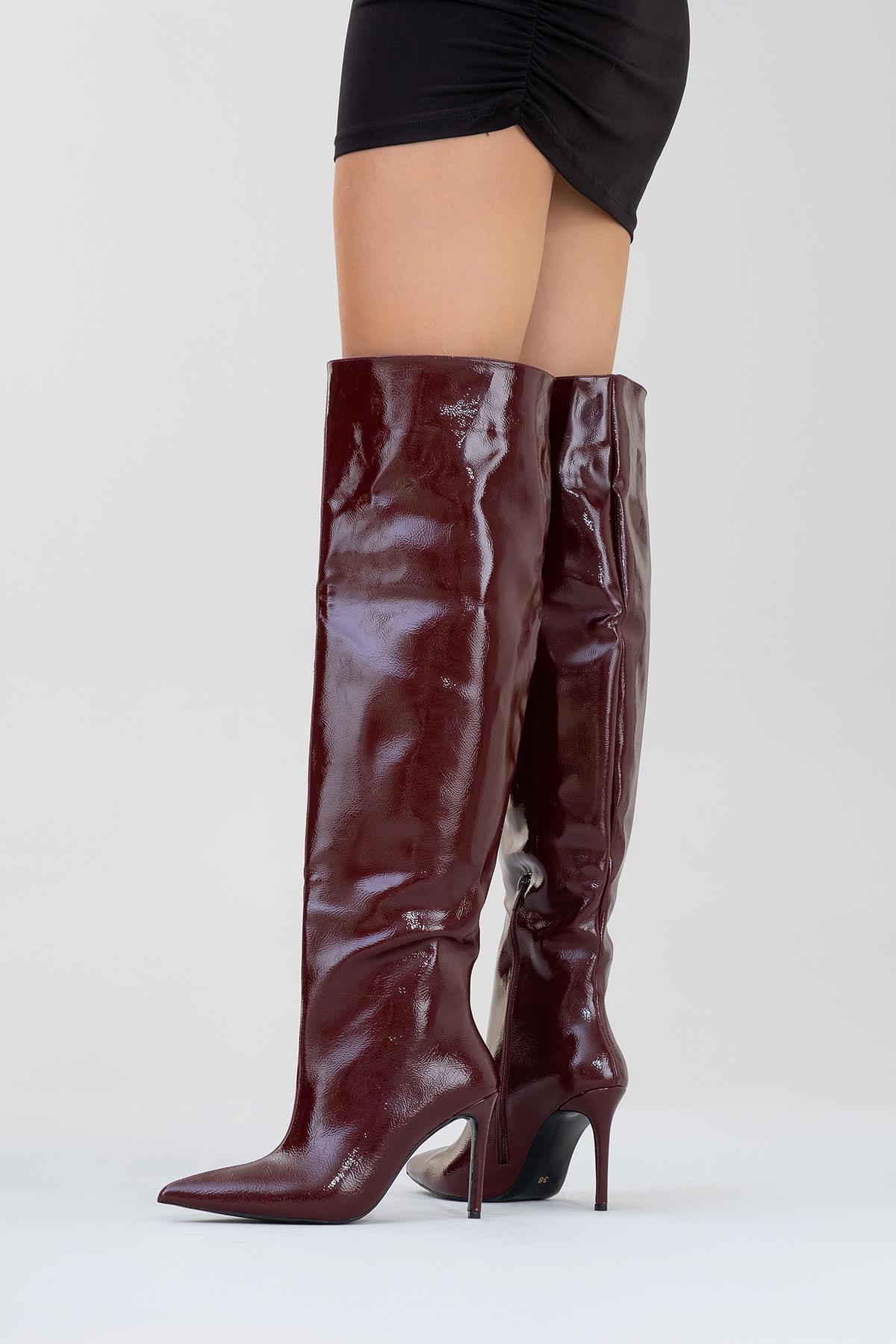 Cleja - Burgundy Patent Stiletto Heel Over-The-Knee Boot – pair view showing leather, Vowalisse