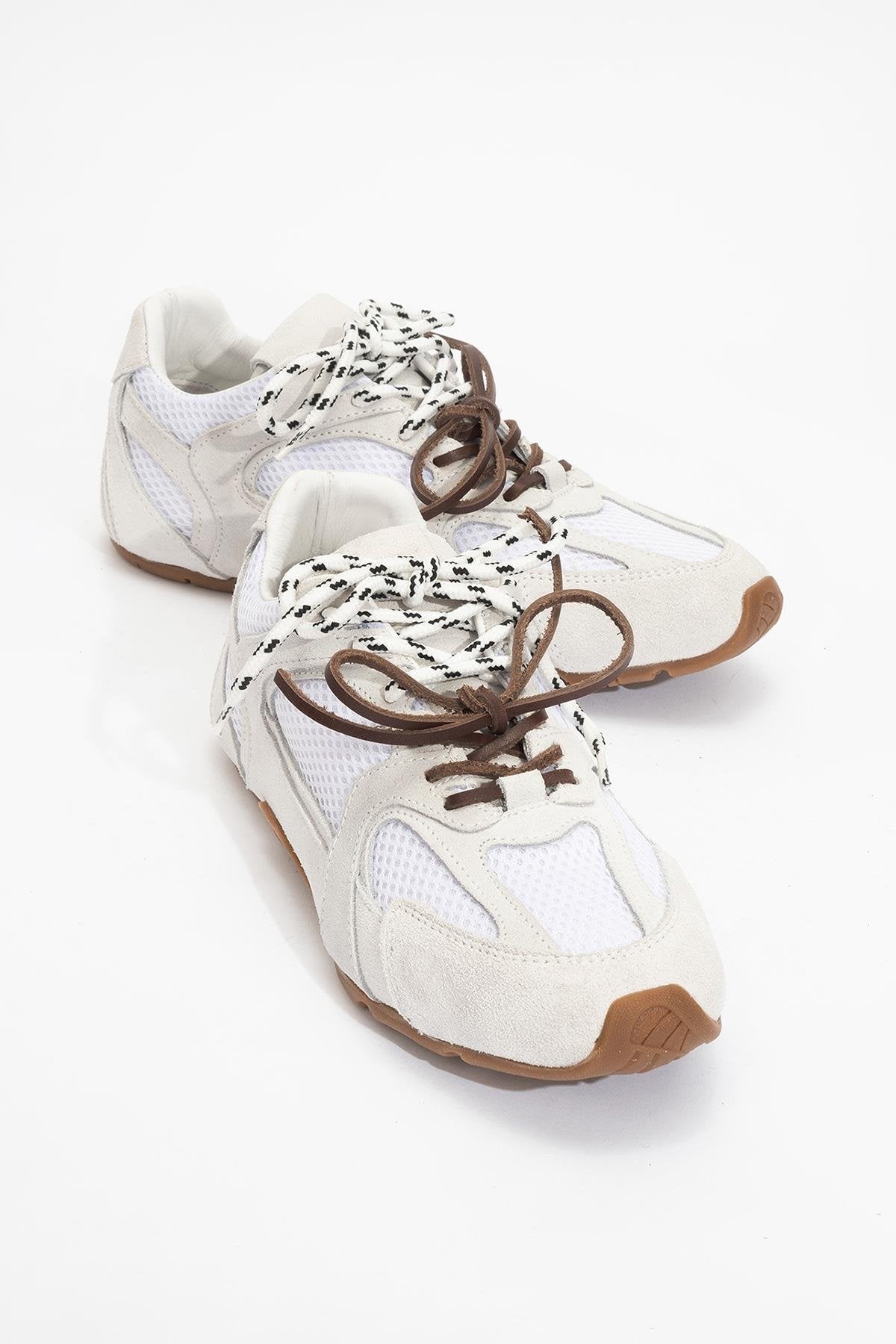 Selena - White Suede Leather Sneakers – front three-quarter view showing leather, suede, white, Vowalisse