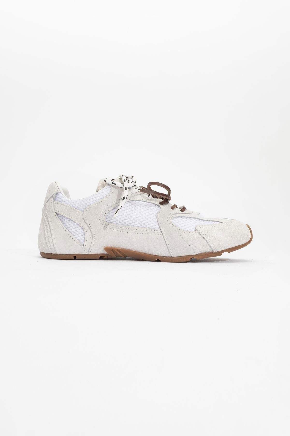Selena - White Suede Leather Sneakers – heel view showing leather, suede, white, Vowalisse