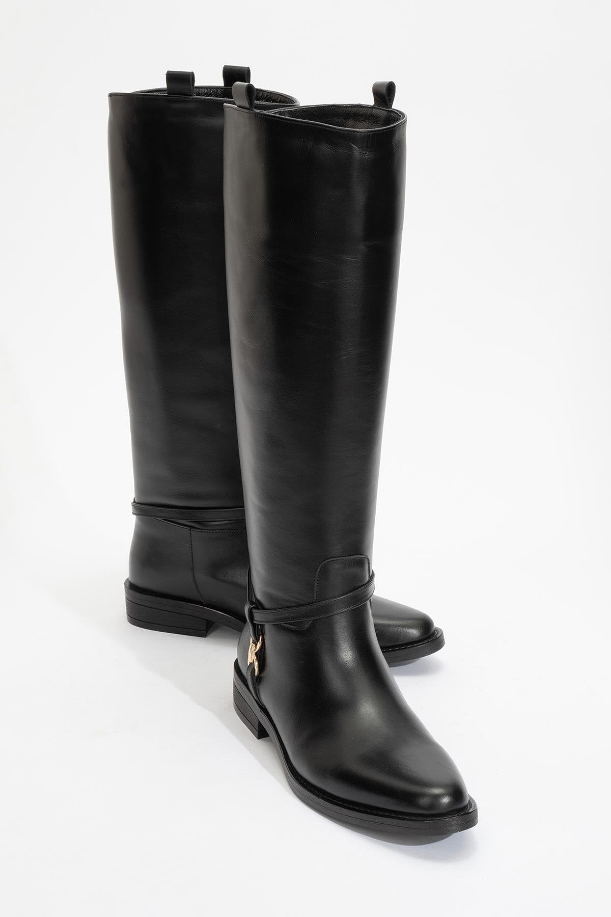 May Black Leather Buckle Boot – front three-quarter view showing leather, black, gold, Vowalisse