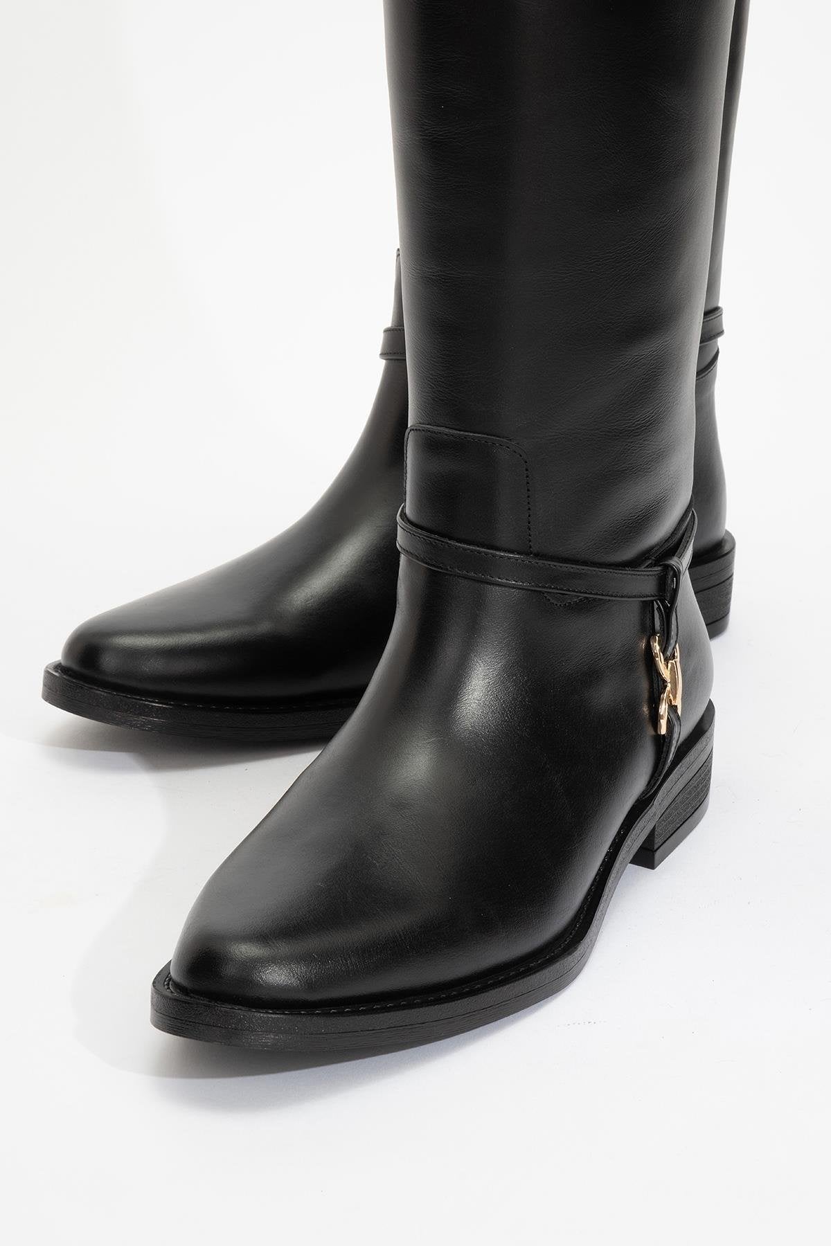 May Black Leather Buckle Boot – detail view showing leather, black, gold, Vowalisse