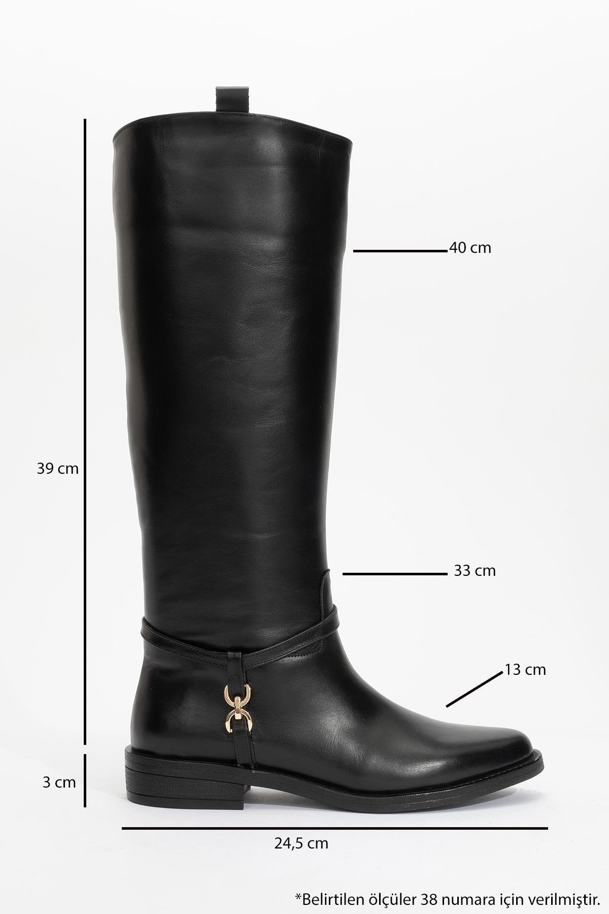 May Black Leather Buckle Boot – heel view showing leather, black, gold, Vowalisse