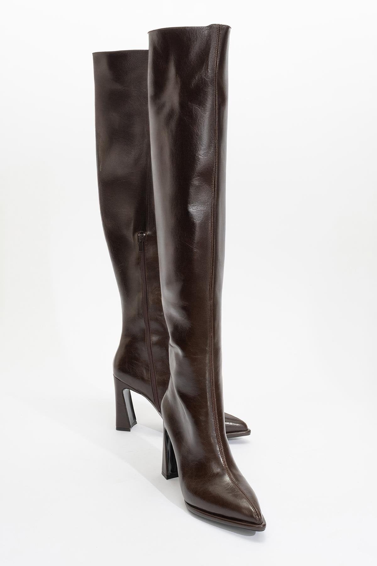 Lepa - Brown Chunky Heel Over-The-Knee Boot – front three-quarter view showing leather, Vowalisse