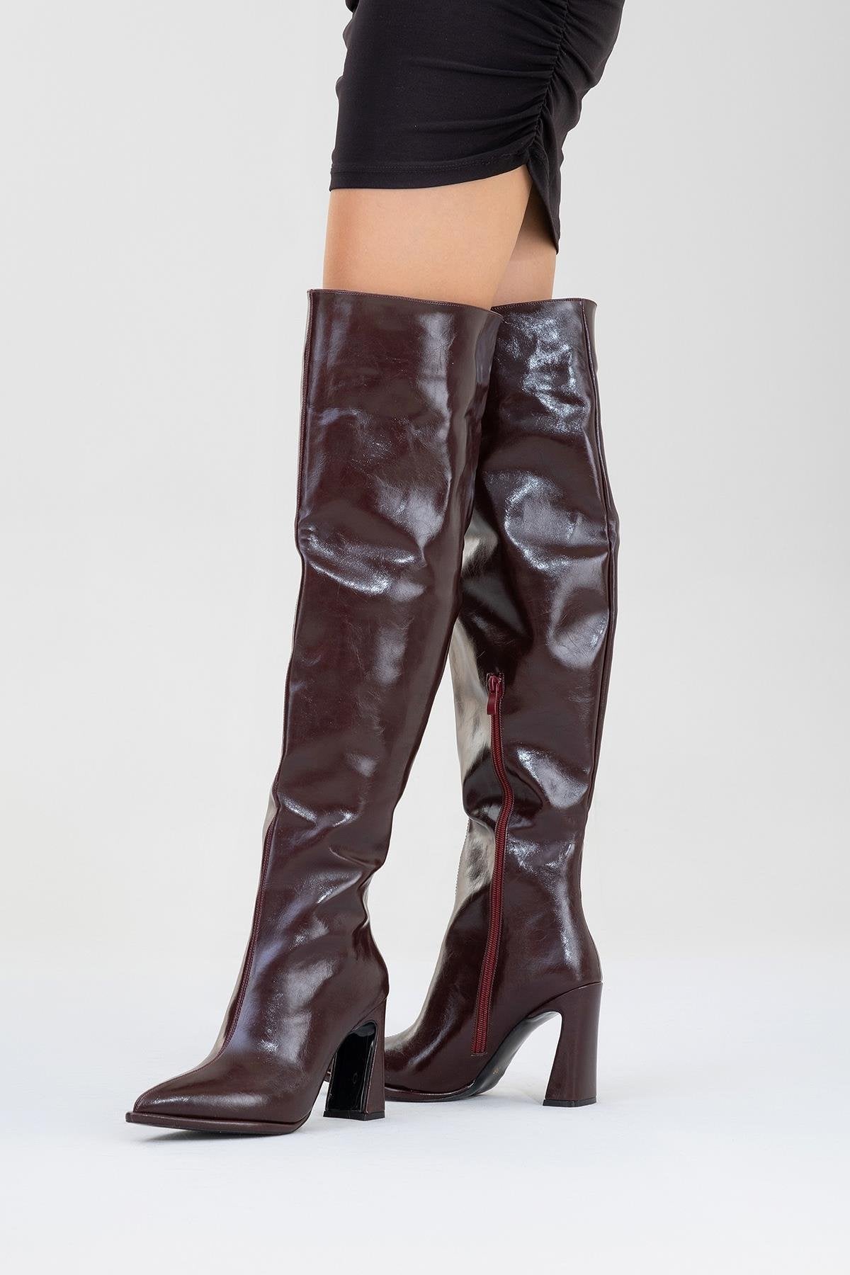 Lepa - Burgundy Chunky Heel Over-The-Knee Boot – sole view showing leather, Vowalisse