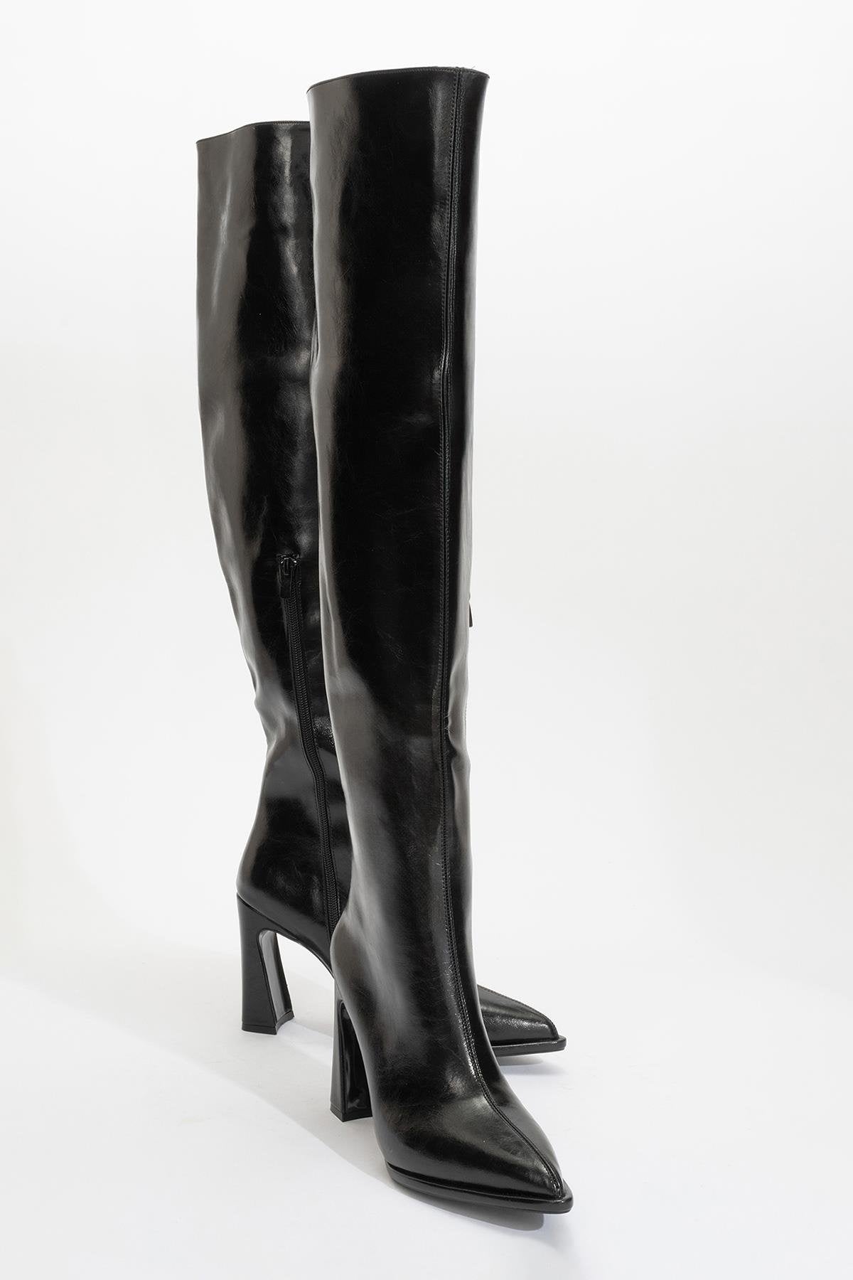 Lepa - Black Chunky Heel Over-The-Knee Boot – front three-quarter view showing leather, black, Vowalisse