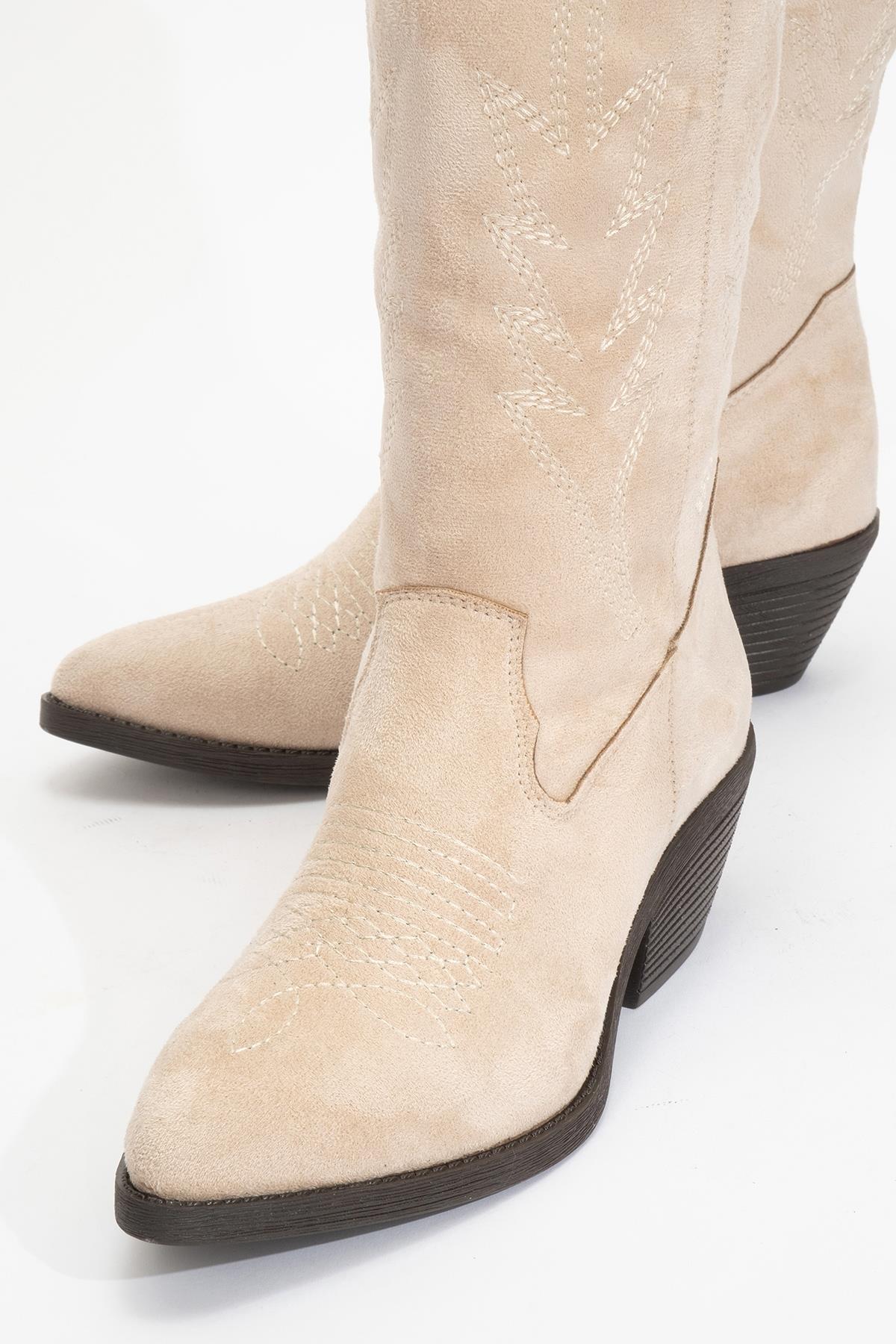 Liana - Beige Suede Chunky Heel Western Boot – detail view showing leather, suede, red, Vowalisse