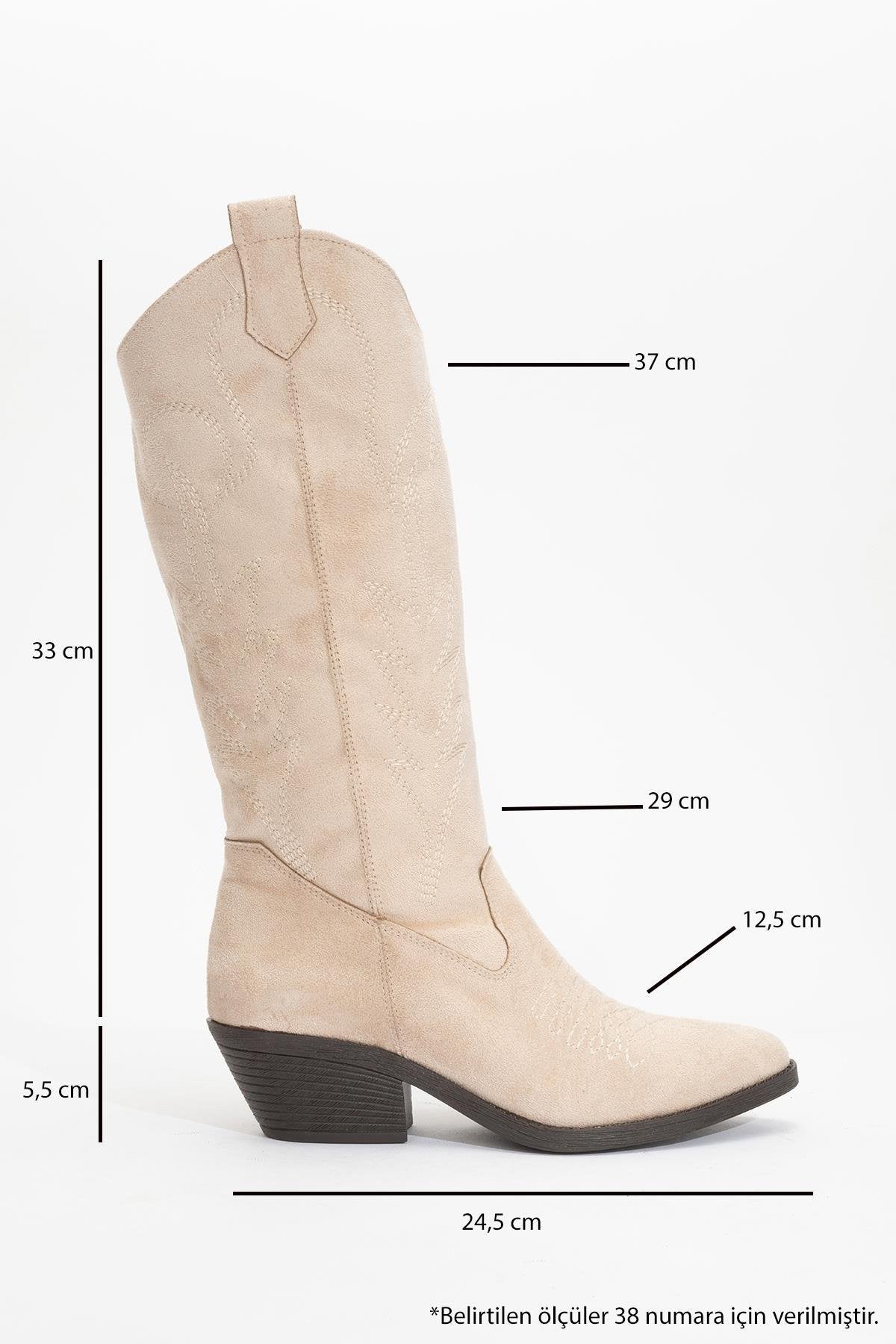 Liana - Beige Suede Chunky Heel Western Boot – heel view showing leather, suede, red, Vowalisse