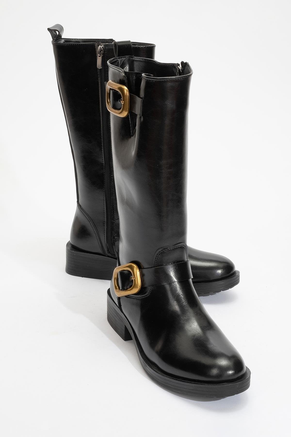 Grand - Black Gold Buckle Mid-Calf Boot – front three-quarter view showing leather, black, gold, Vowalisse