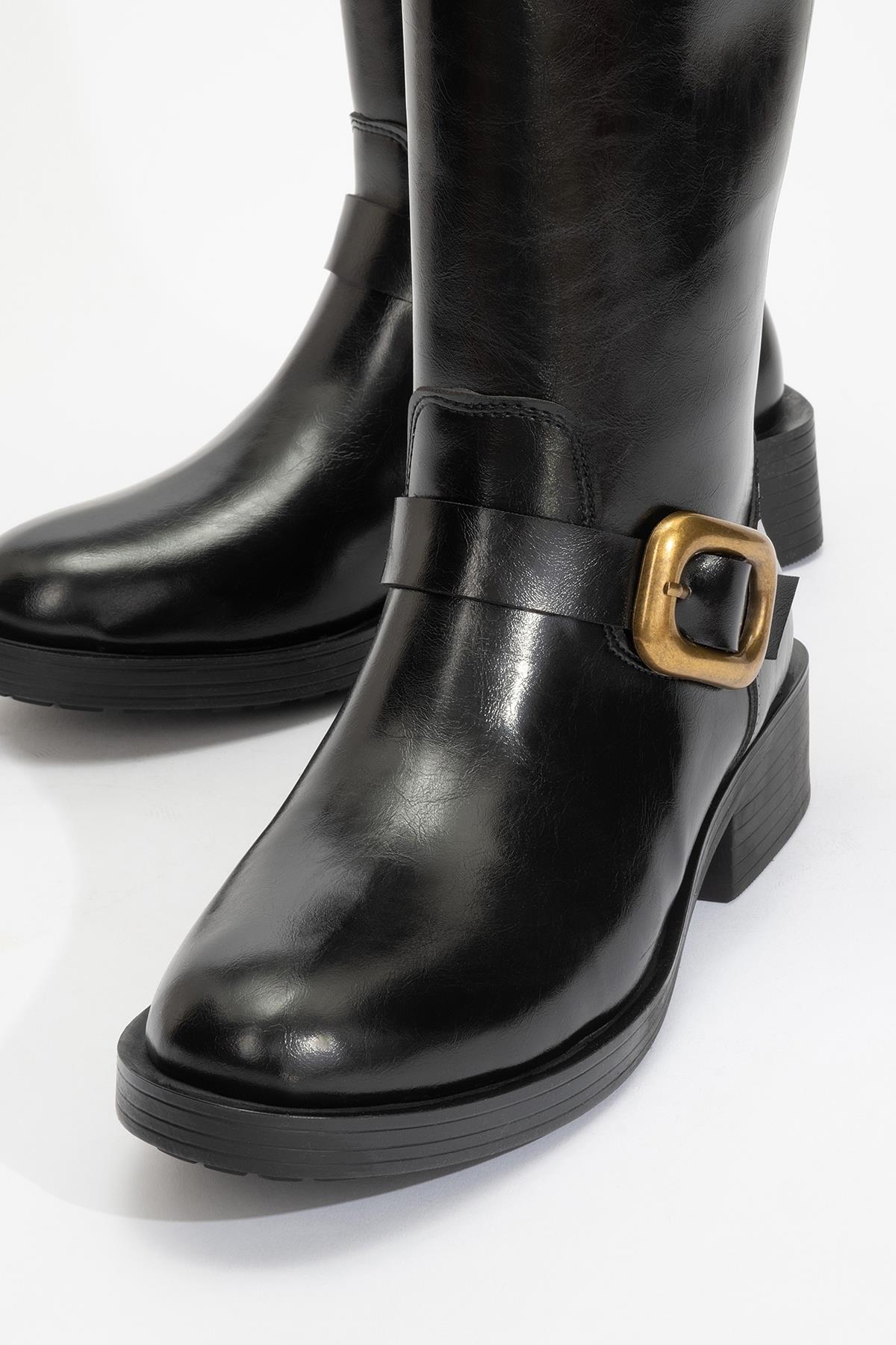 Grand - Black Gold Buckle Mid-Calf Boot – detail view showing leather, black, gold, Vowalisse
