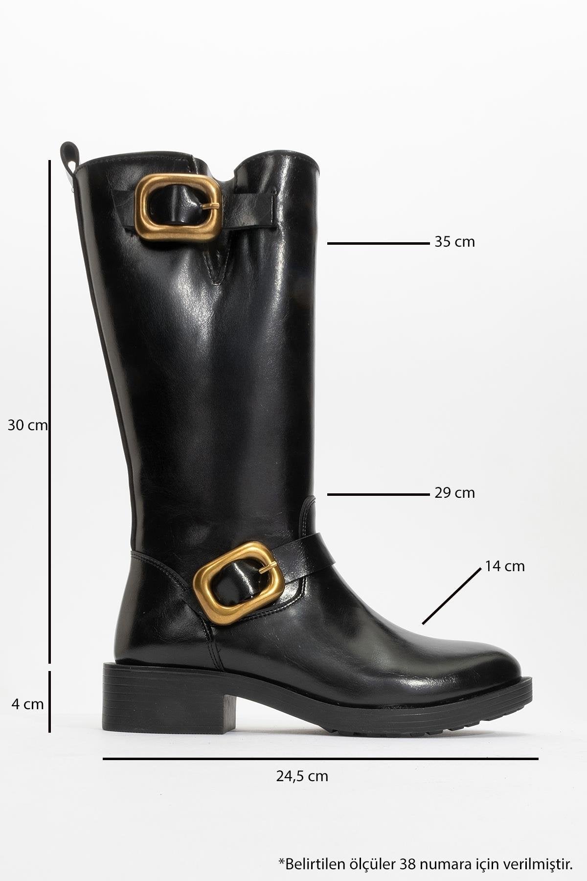 Grand - Black Gold Buckle Mid-Calf Boot – heel view showing leather, black, gold, Vowalisse