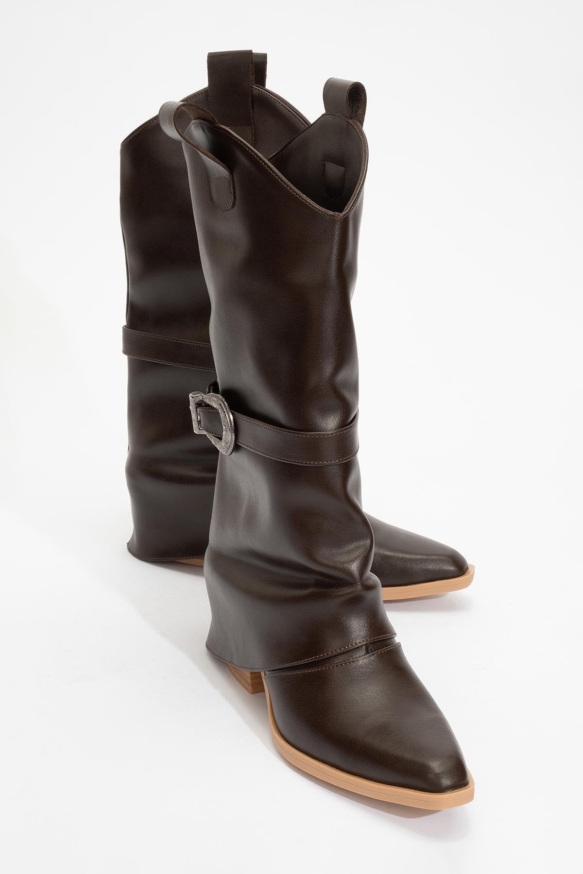 Okus - Brown Buckled Block Heel Ankle Boot – front three-quarter view showing leather, Vowalisse