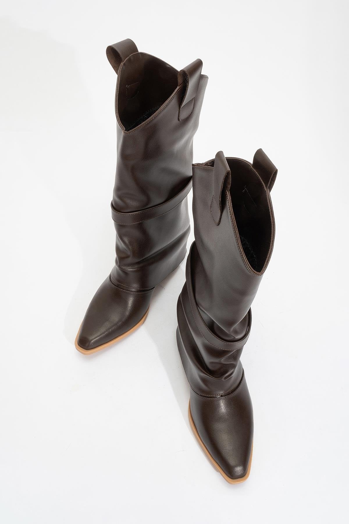 Okus - Brown Buckled Block Heel Ankle Boot – side view showing leather, Vowalisse