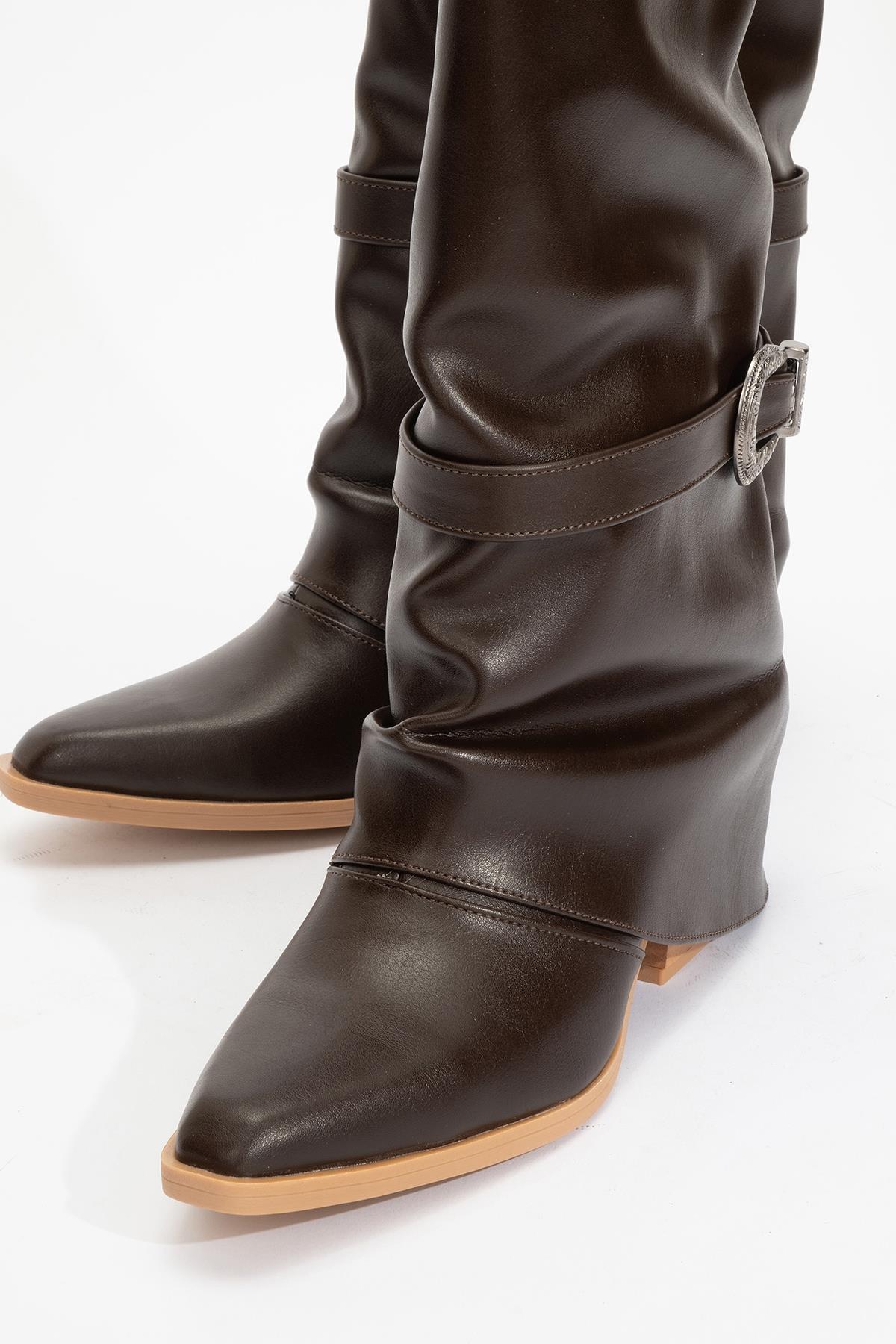 Okus - Brown Buckled Block Heel Ankle Boot – detail view showing leather, Vowalisse