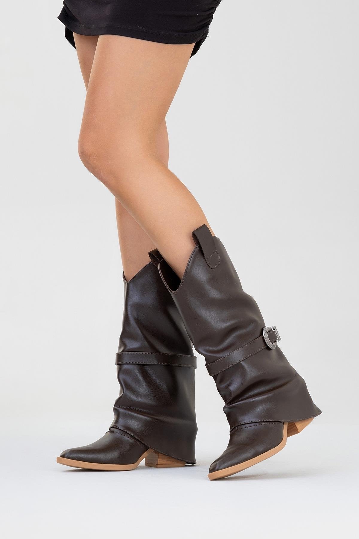 Okus - Brown Buckled Block Heel Ankle Boot – back view showing leather, Vowalisse