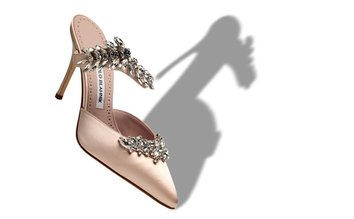Elara Lace Neutral Crystal Embellished Mules – front three-quarter view showing neutral crystal embellished, pointed toe…